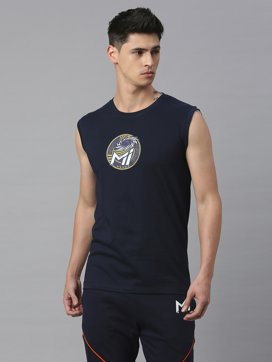 Men Navy Blue Graphic Printed Sleeveless Round Neck Cotton Sports Vest