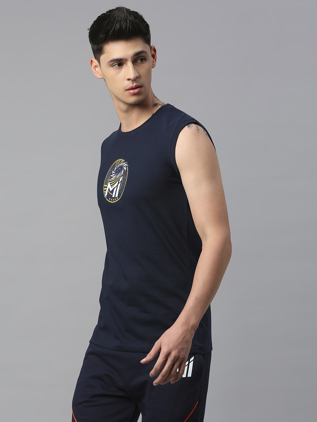 Mumbai Indians Men Navy Blue Graphic Printed Sleeveless Round Neck Cotton Sports Vest (2)