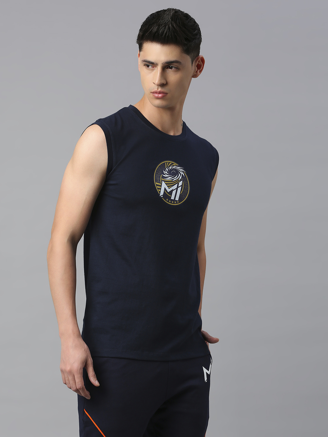 Mumbai Indians Men Navy Blue Graphic Printed Sleeveless Round Neck Cotton Sports Vest (3)