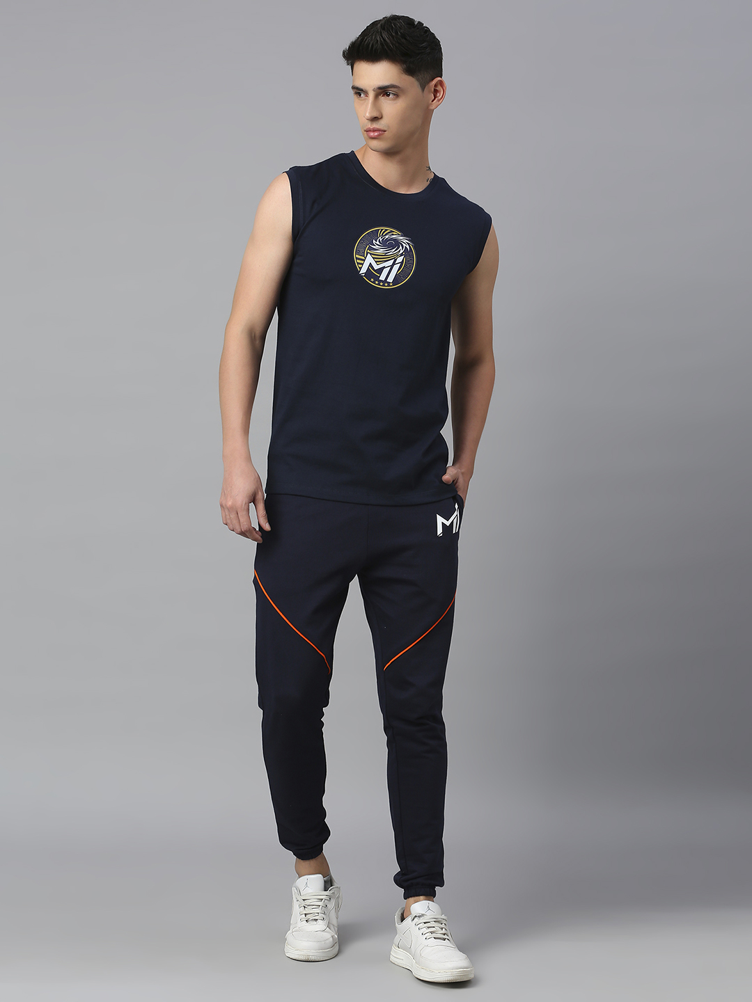 Mumbai Indians Men Navy Blue Graphic Printed Sleeveless Round Neck Cotton Sports Vest (5)