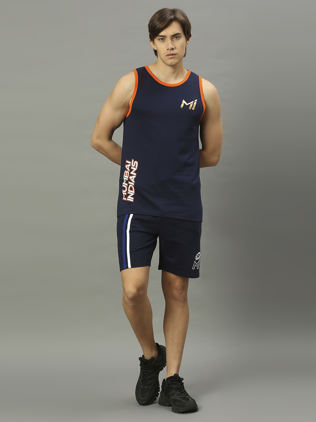 Mumbai Indians Men Navy Blue Logo Printed Mid-Rise Basic Cotton Sports Shorts (5)