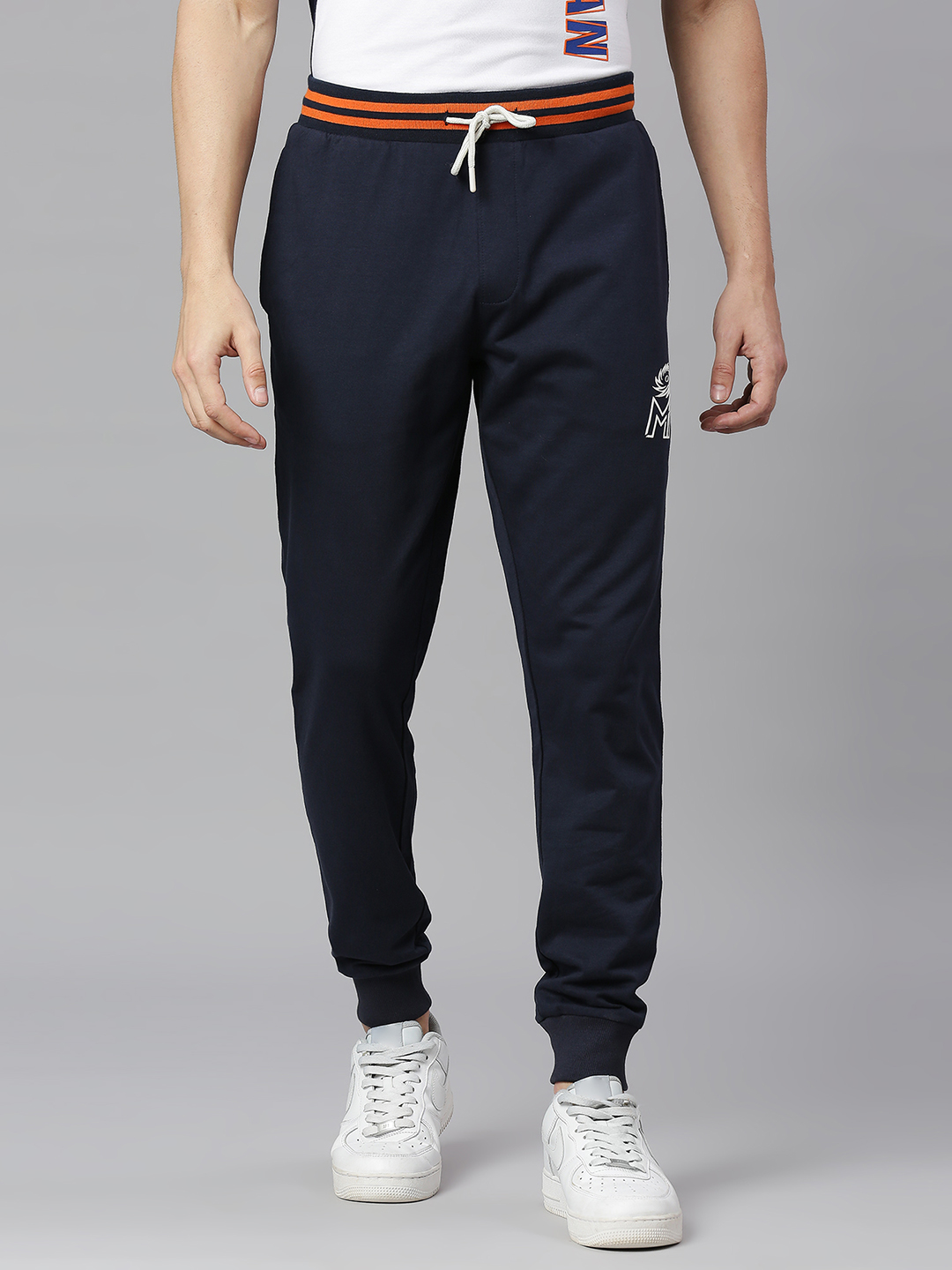 Mumbai Indians Men Navy Blue Logo Printed Mid-Rise Cotton Training Regular Fit Joggers. (1)