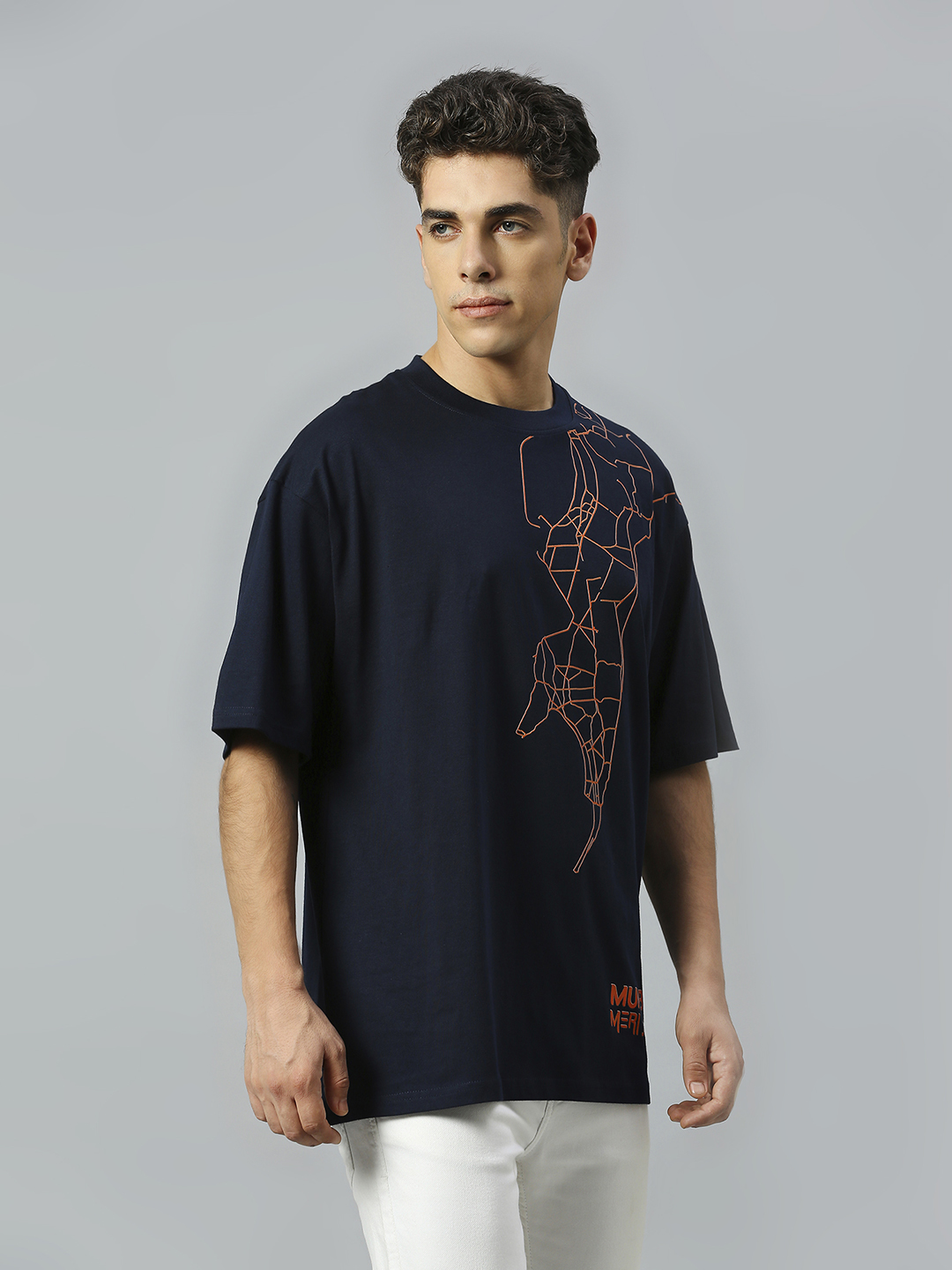 Mumbai Indians Men Navy Blue Mumbai Map Printed Half Sleeves Round Neck Oversized Cotton T-Shirt (2)