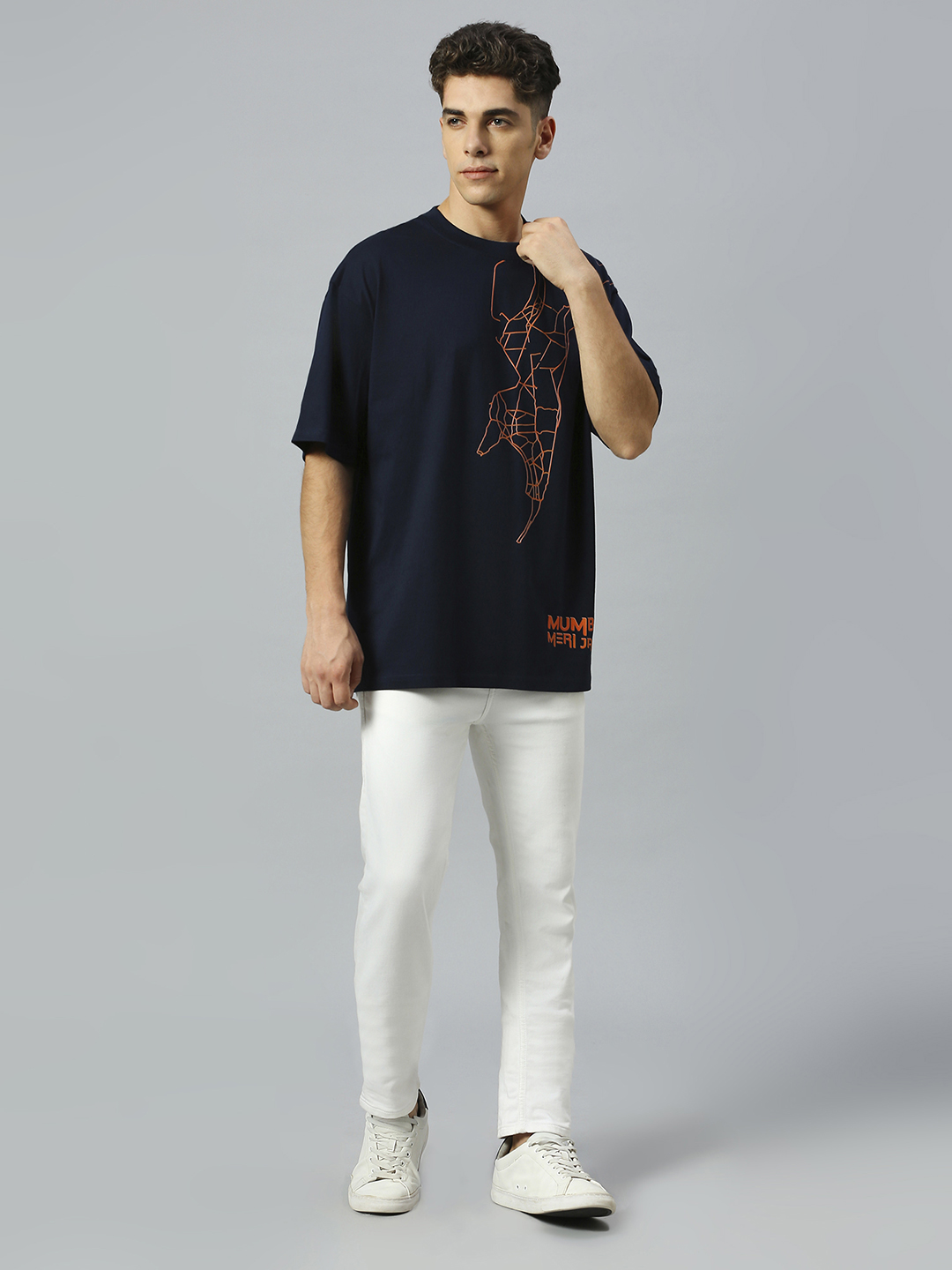 Mumbai Indians Men Navy Blue Mumbai Map Printed Half Sleeves Round Neck Oversized Cotton T-Shirt (5)