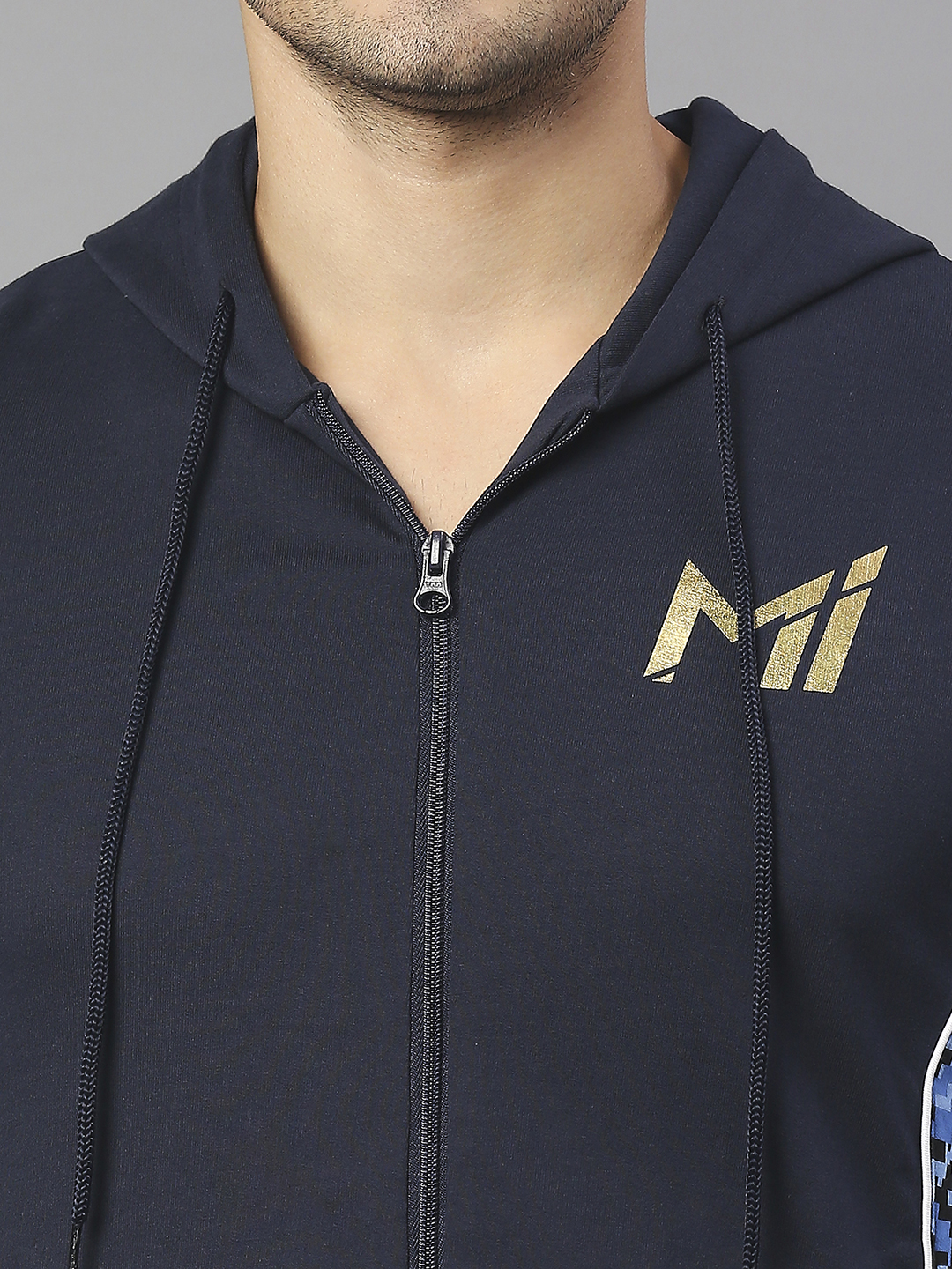 Mumbai Indians Men Navy Blue Printed Full Sleeves Hooded Pullover Jacket (5)