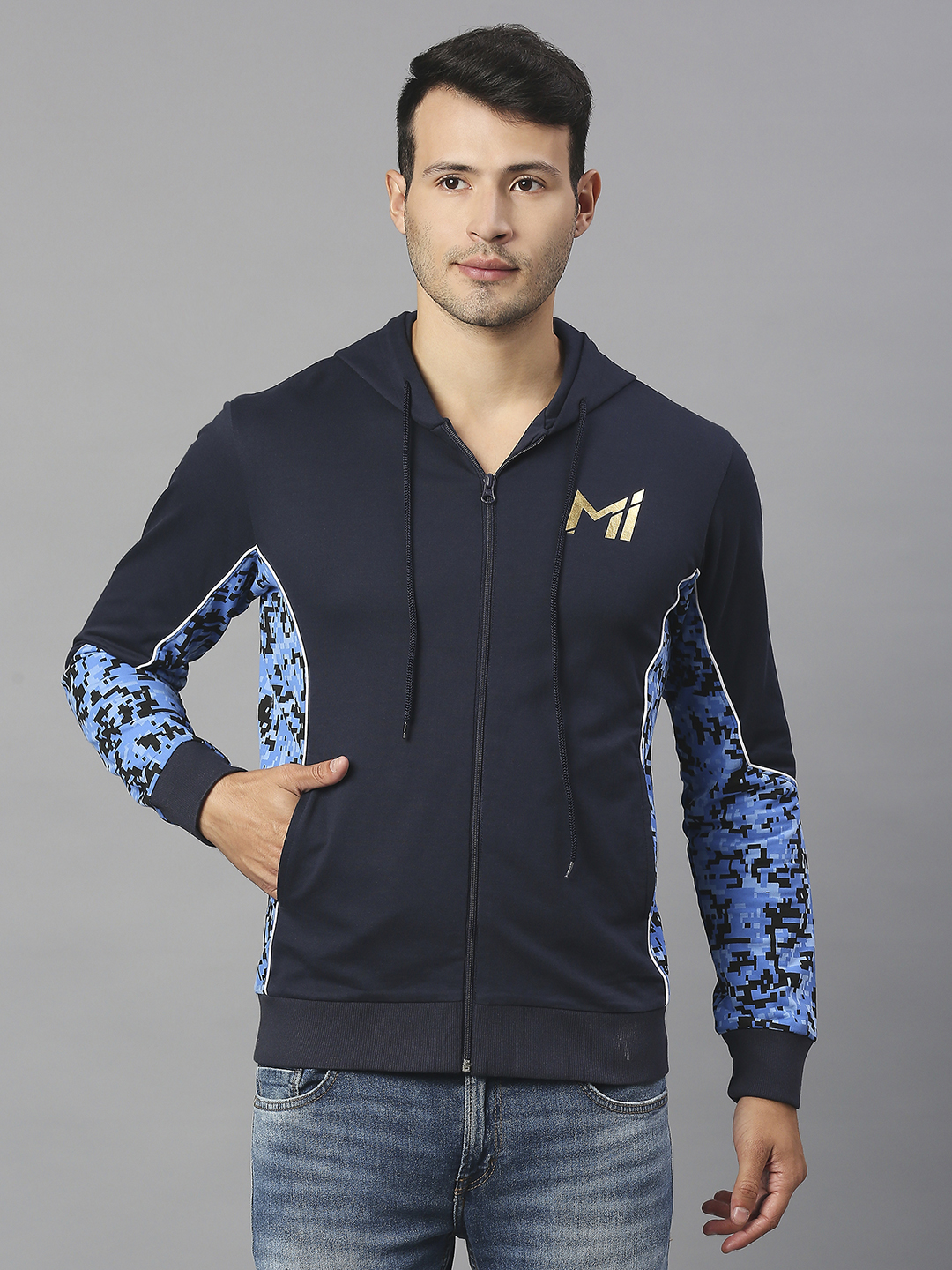 Men Navy Blue Printed Full Sleeves Hooded Pullover Jacket