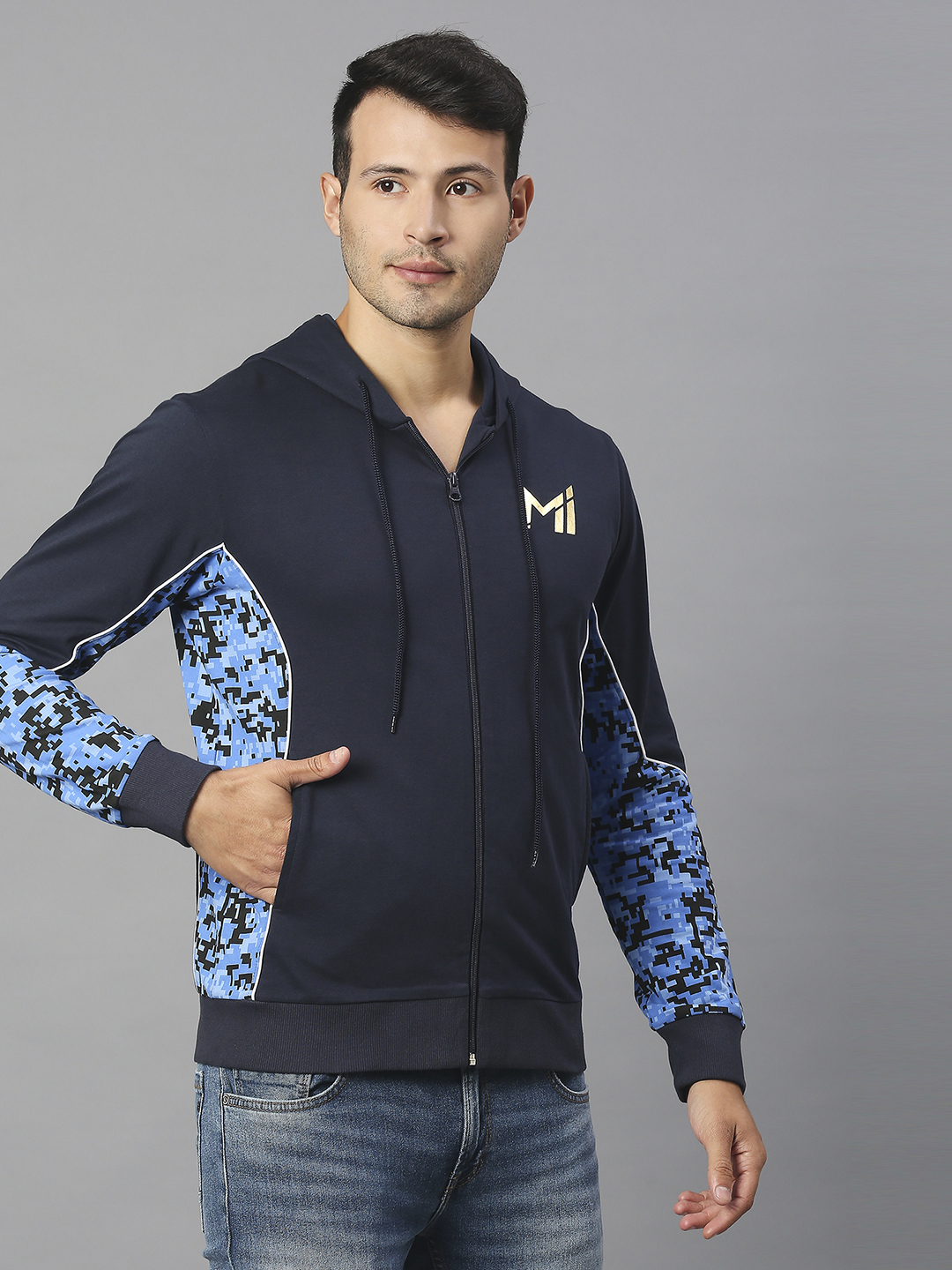 Mumbai Indians Men Navy Blue Printed Full Sleeves Hooded Pullover Jacket (3)