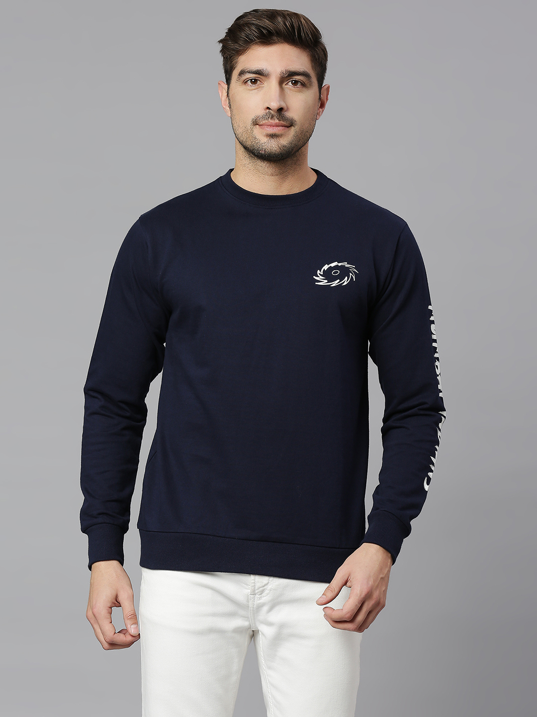 Mumbai Indians Men Navy Blue Solid Full Sleeves Round Neck Cotton Sweatshirt (1)