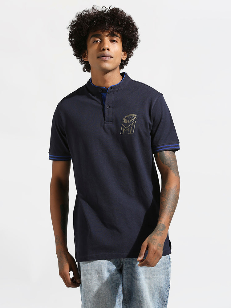 Mumbai Indians Men Navy Blue Solid Half Sleeves Cotton T-Shirt (1)