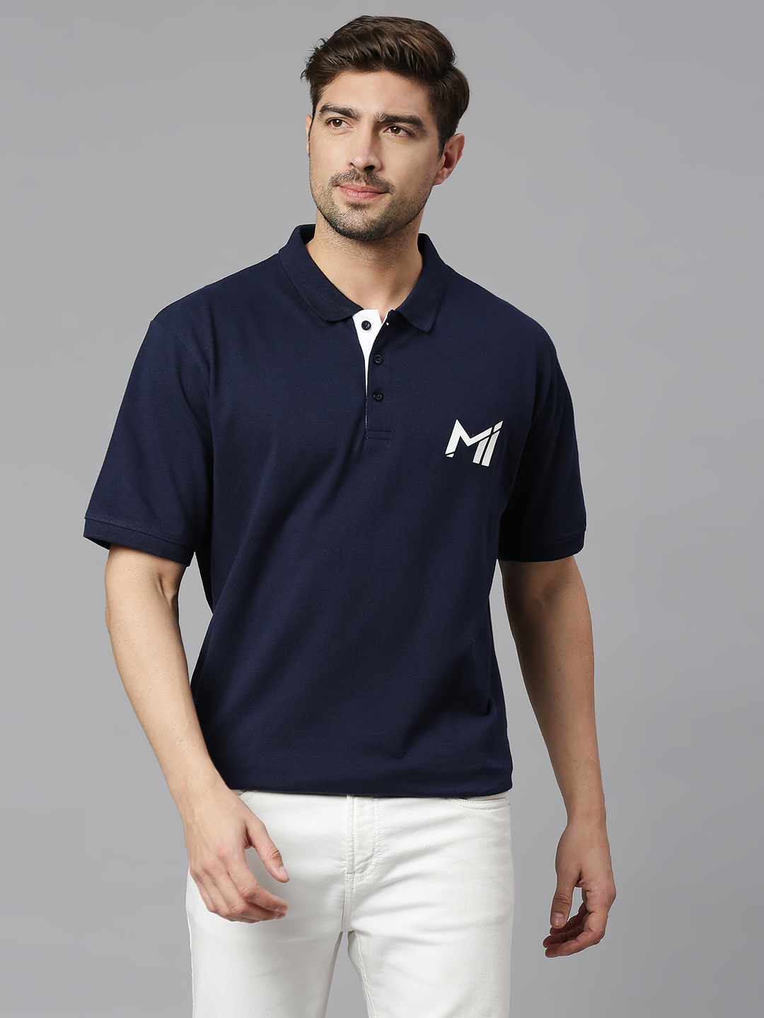 Men Navy Blue Solid Half Sleeves Polo Collar Cotton T-Shirt