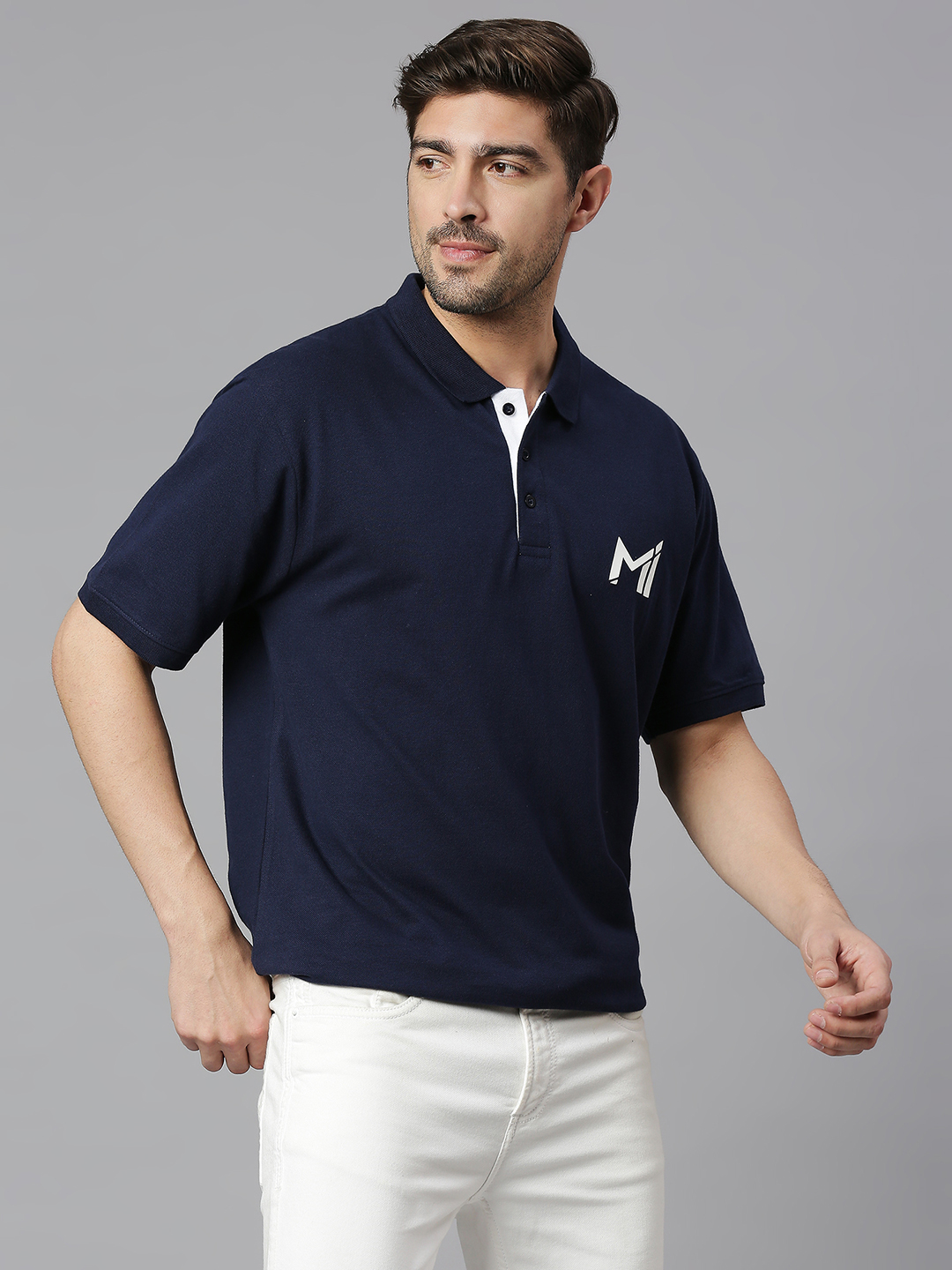 Mumbai Indians Men Navy Blue Solid Half Sleeves Polo Collar Cotton T-Shirt (3)