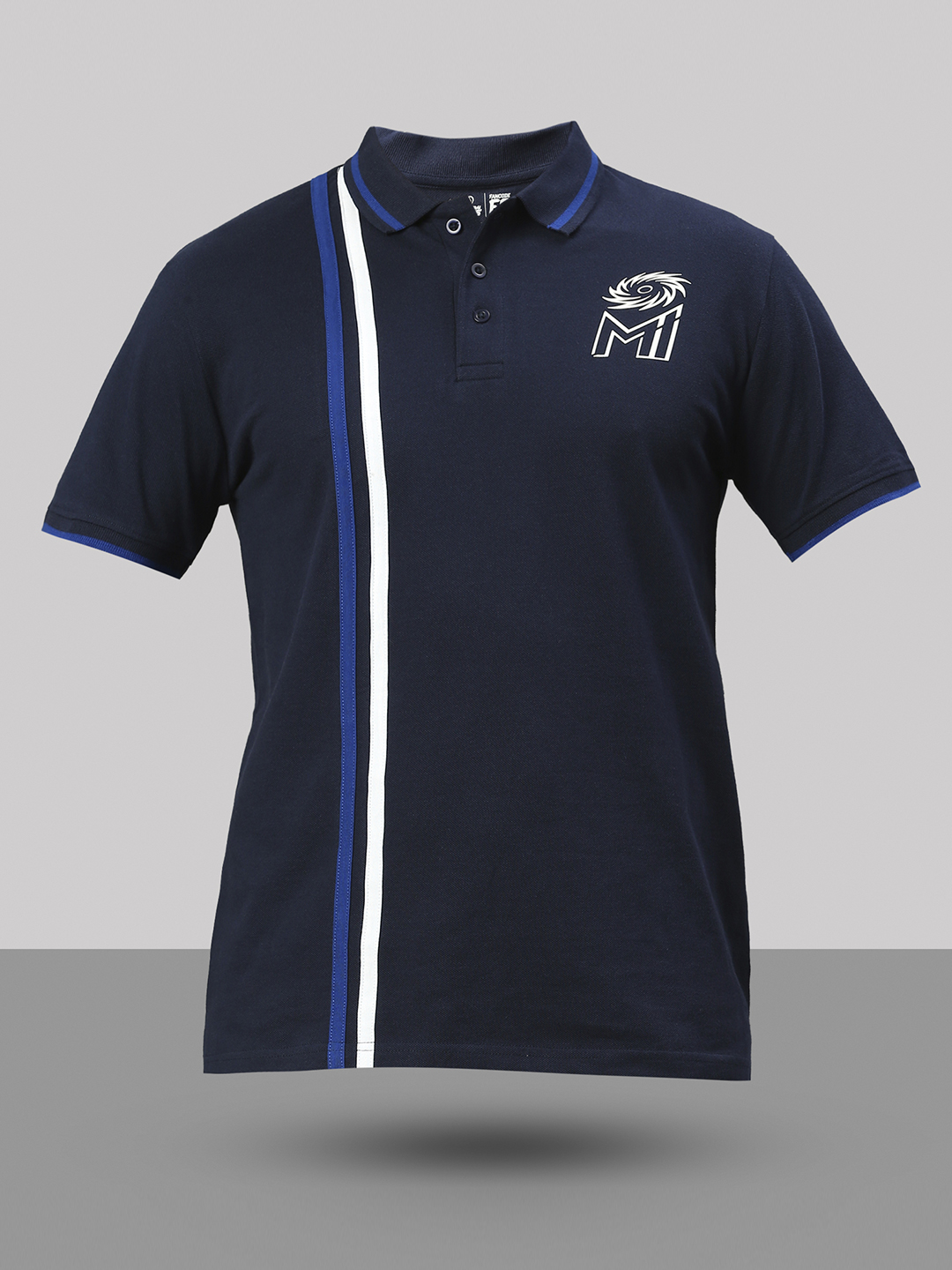 Mumbai Indians Men Navy Blue Striped Half Sleeves Polo Collar Cotton T-Shirt (2)