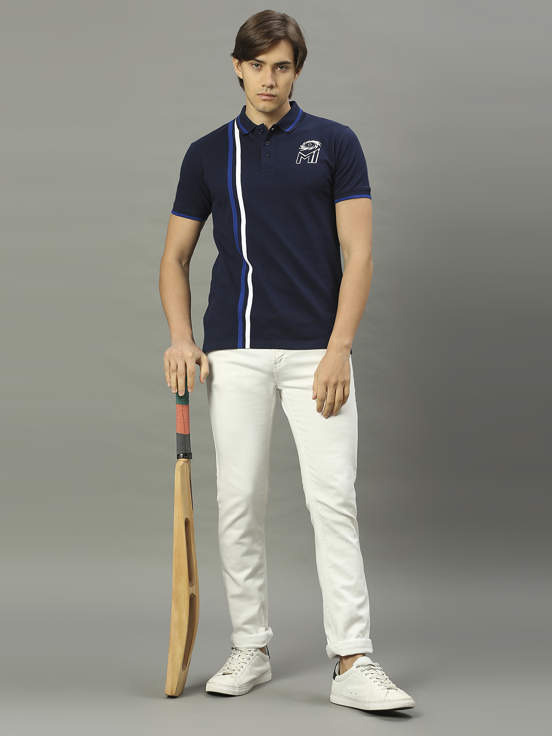 Mumbai Indians Men Navy Blue Striped Half Sleeves Polo Collar Cotton T-Shirt (5)