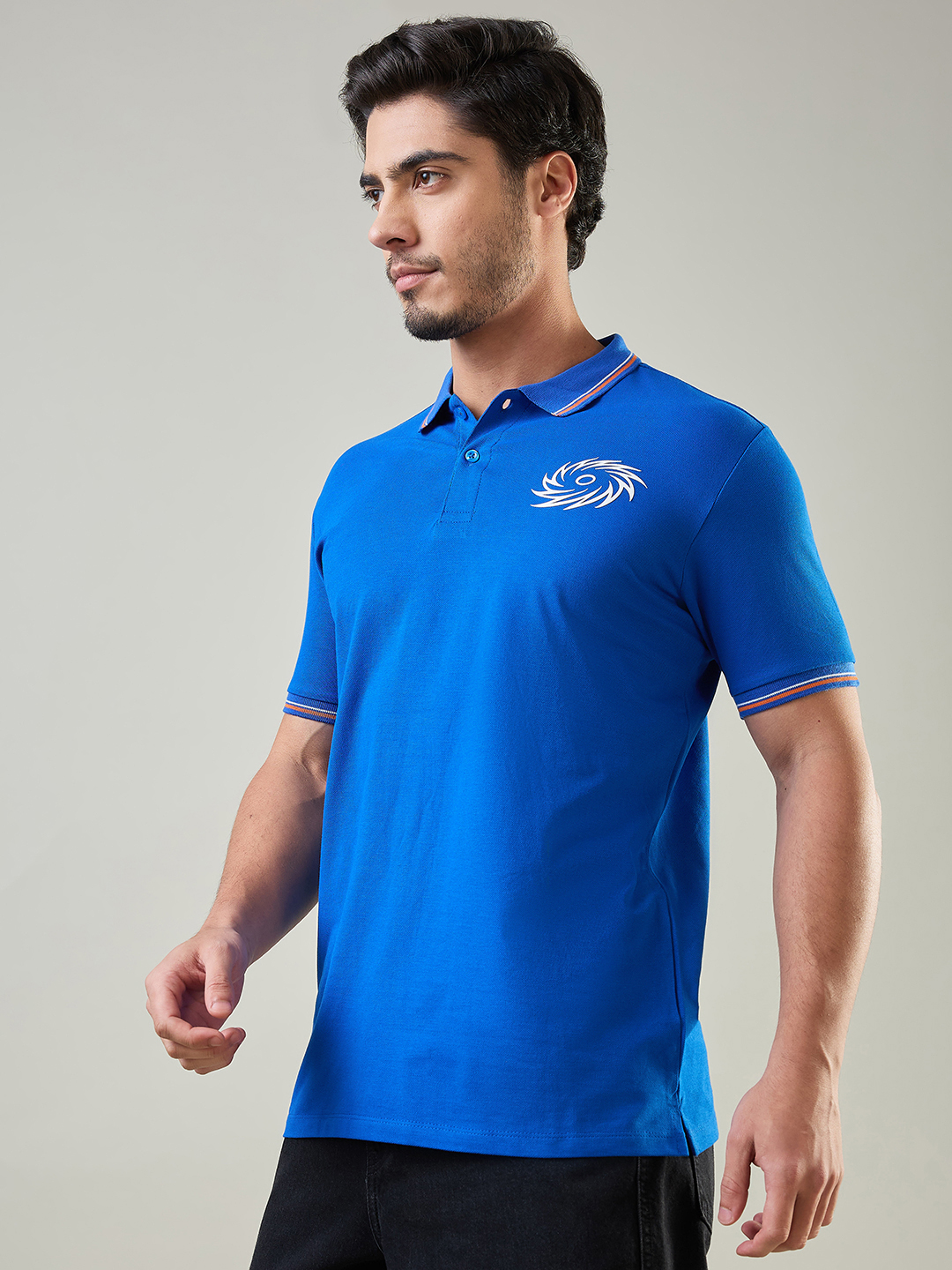 Mumbai Indians Men Royal Blue and Orange Solid Half Sleeves Polo Collar Cotton T-Shirt (3)