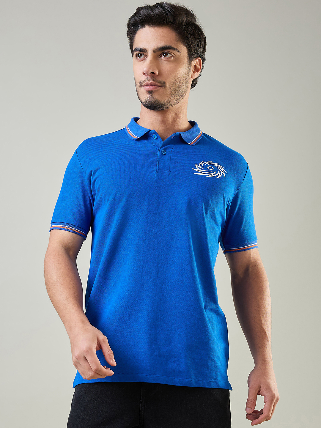 Mumbai Indians Men Royal Blue and Orange Solid Half Sleeves Polo Collar Cotton T-Shirt