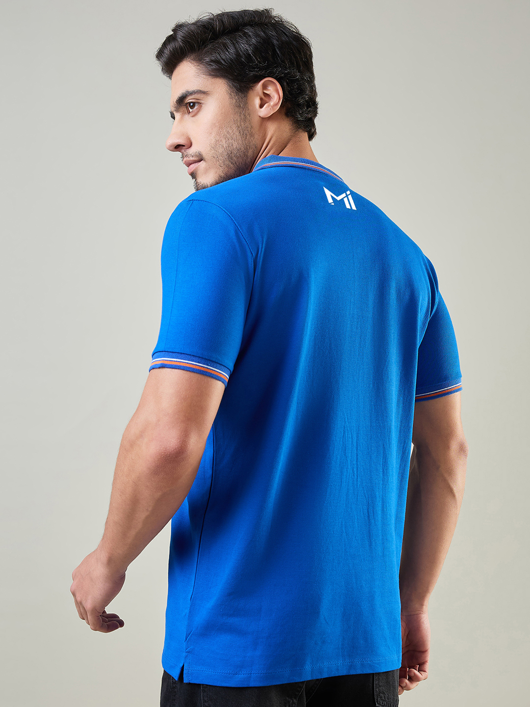 Mumbai Indians Men Royal Blue and Orange Solid Half Sleeves Polo Collar Cotton T-Shirt (2)