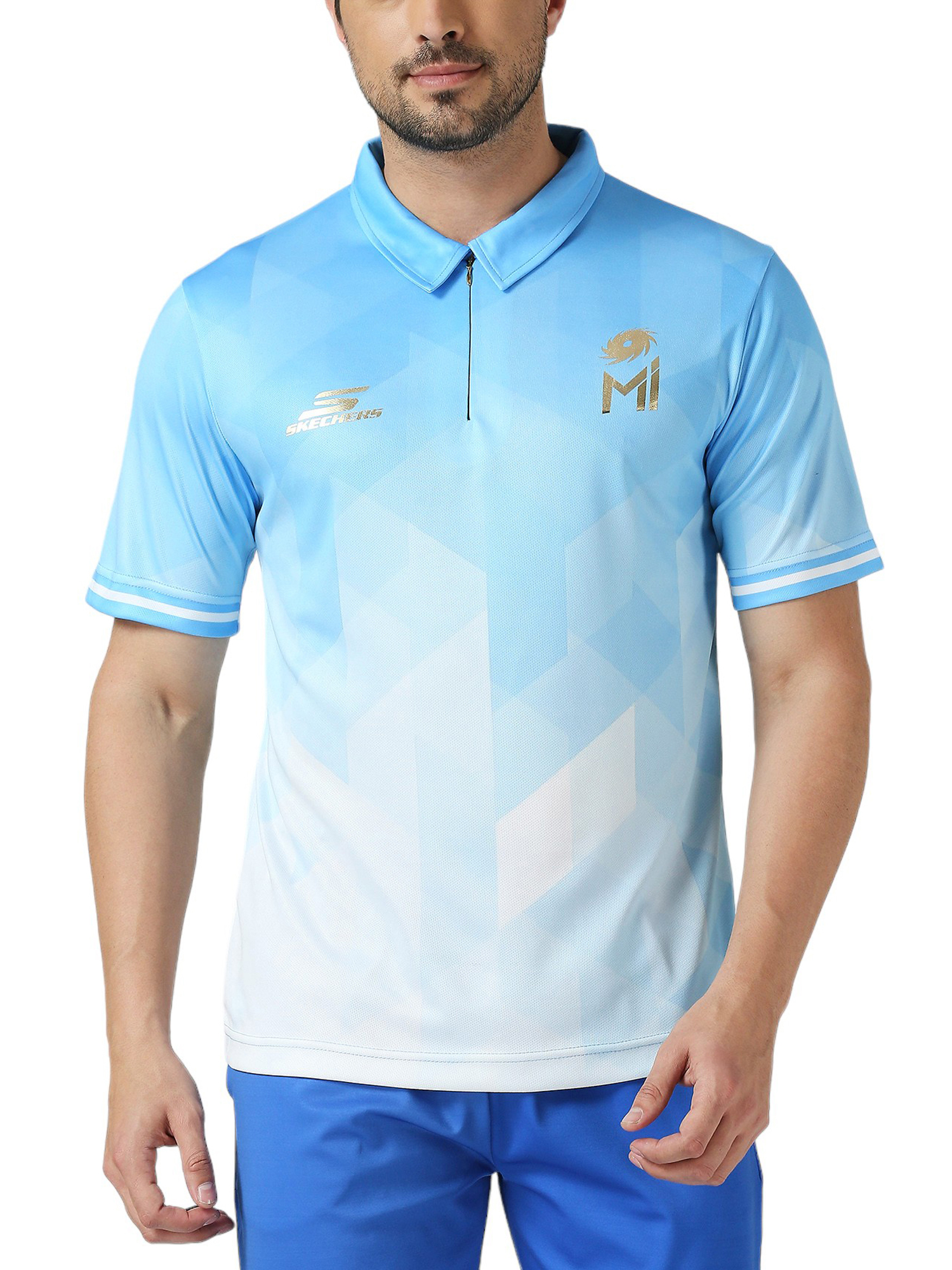Mumbai Indians Men Sky Blue Abstract Printed Half Sleeves Polo Collar Travel Polyester T-Shirt (1)