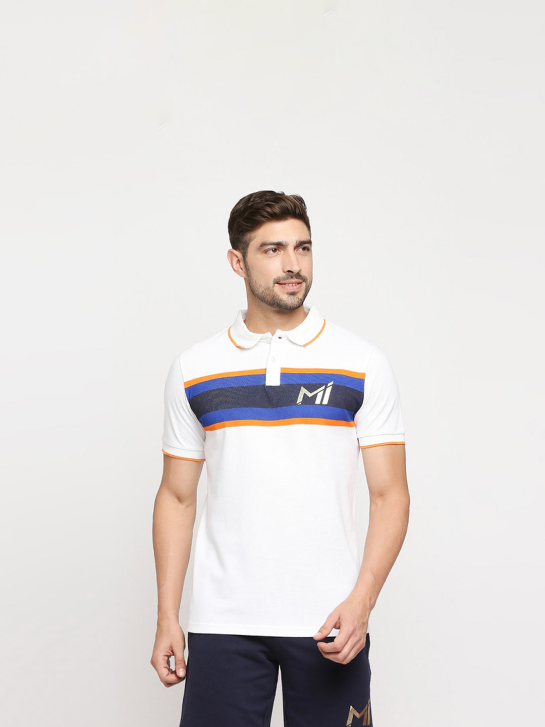 Mumbai Indians Men White and Blue Colourblocked Half Sleeves Polo Collar Cotton T-Shirt (1)