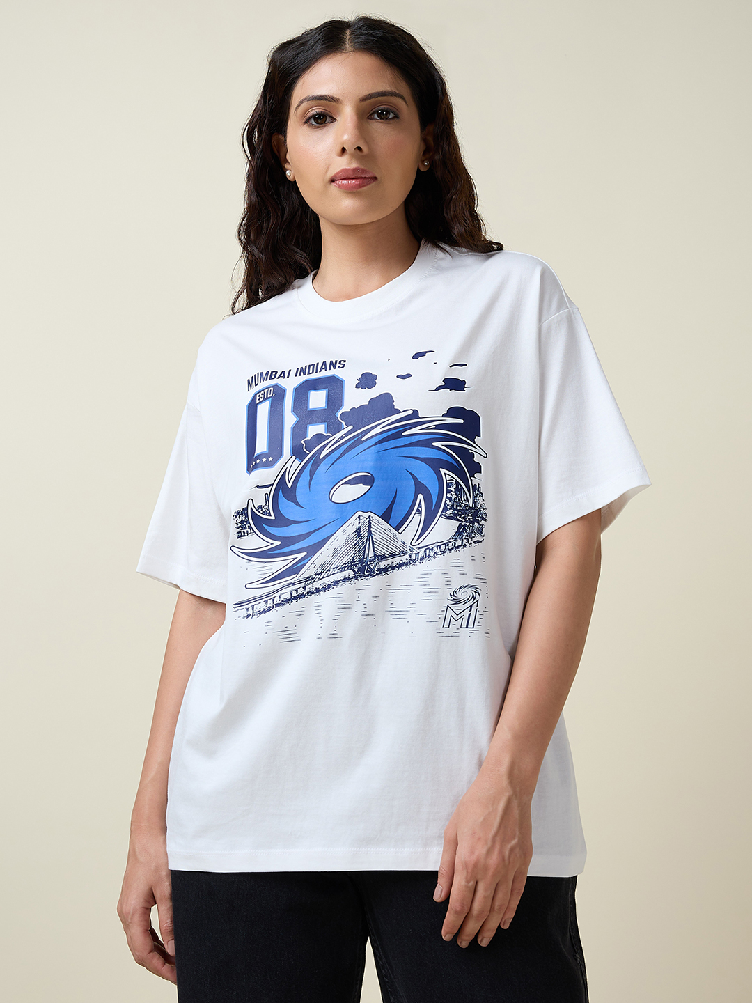 Mumbai Indians Men White and Blue Graphic Printed Half Sleeves Round Neck Cotton Oversized T-Shirt (4)