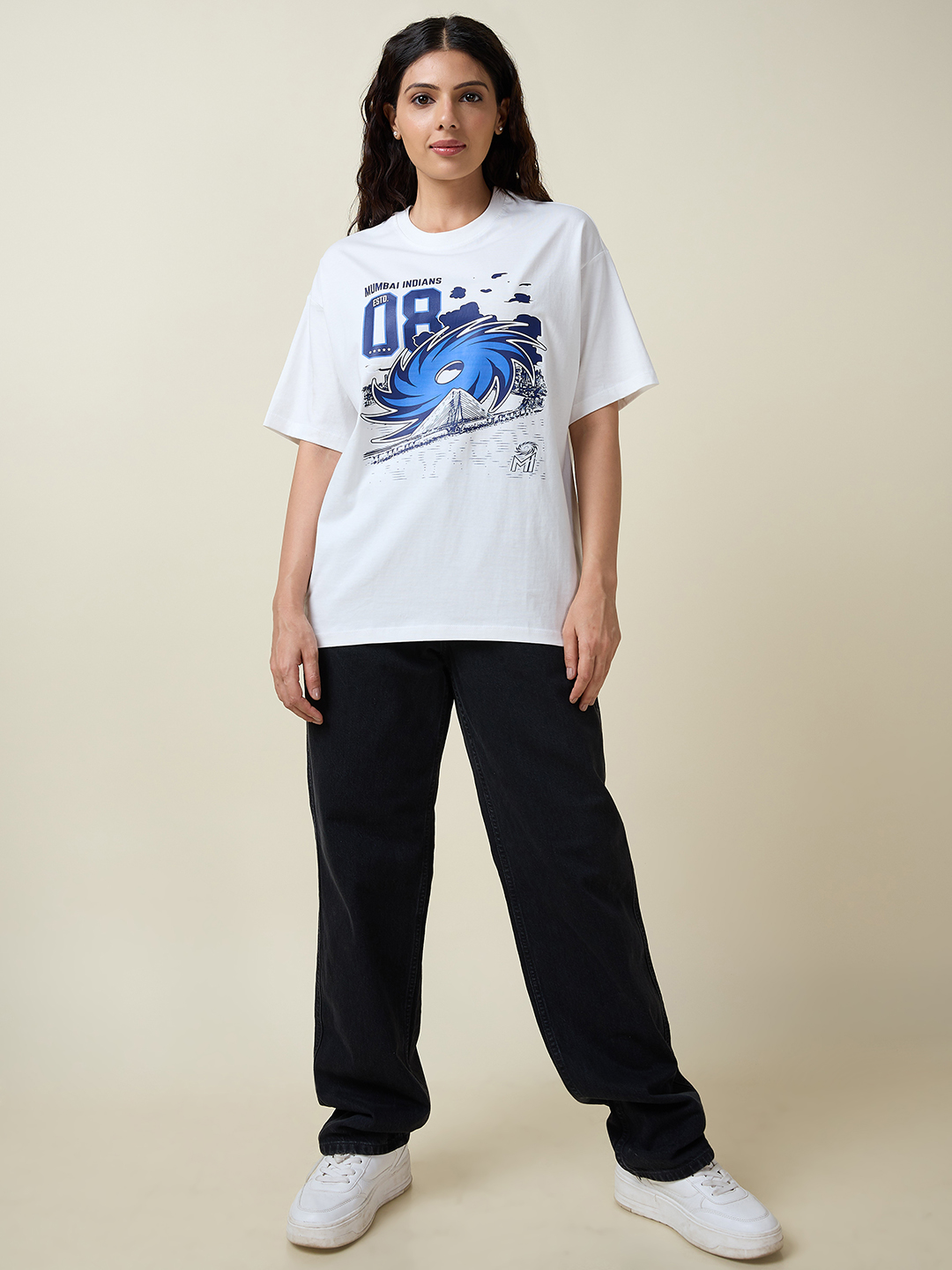 Mumbai Indians Men White and Blue Graphic Printed Half Sleeves Round Neck Cotton Oversized T-Shirt (8)