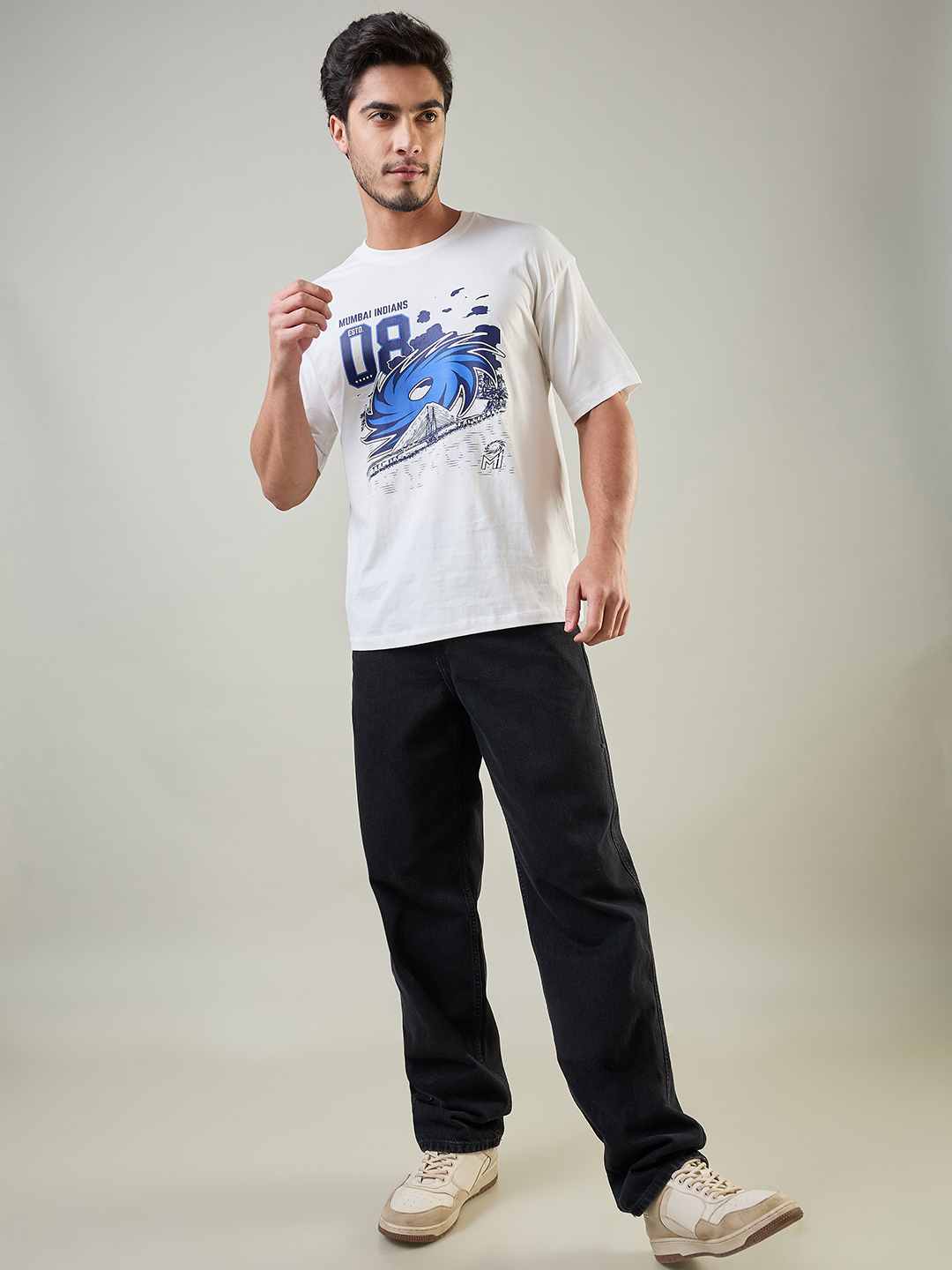 Mumbai Indians Men White and Blue Graphic Printed Half Sleeves Round Neck Cotton Oversized T-Shirt (9)