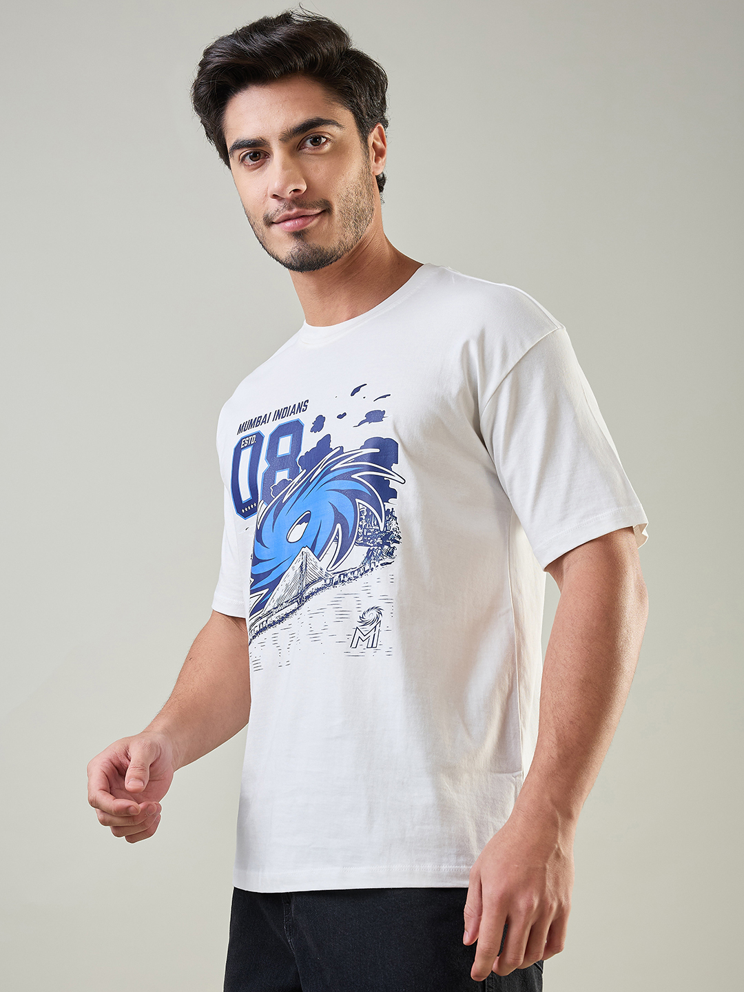 Mumbai Indians Men White and Blue Graphic Printed Half Sleeves Round Neck Cotton Oversized T-Shirt (5)