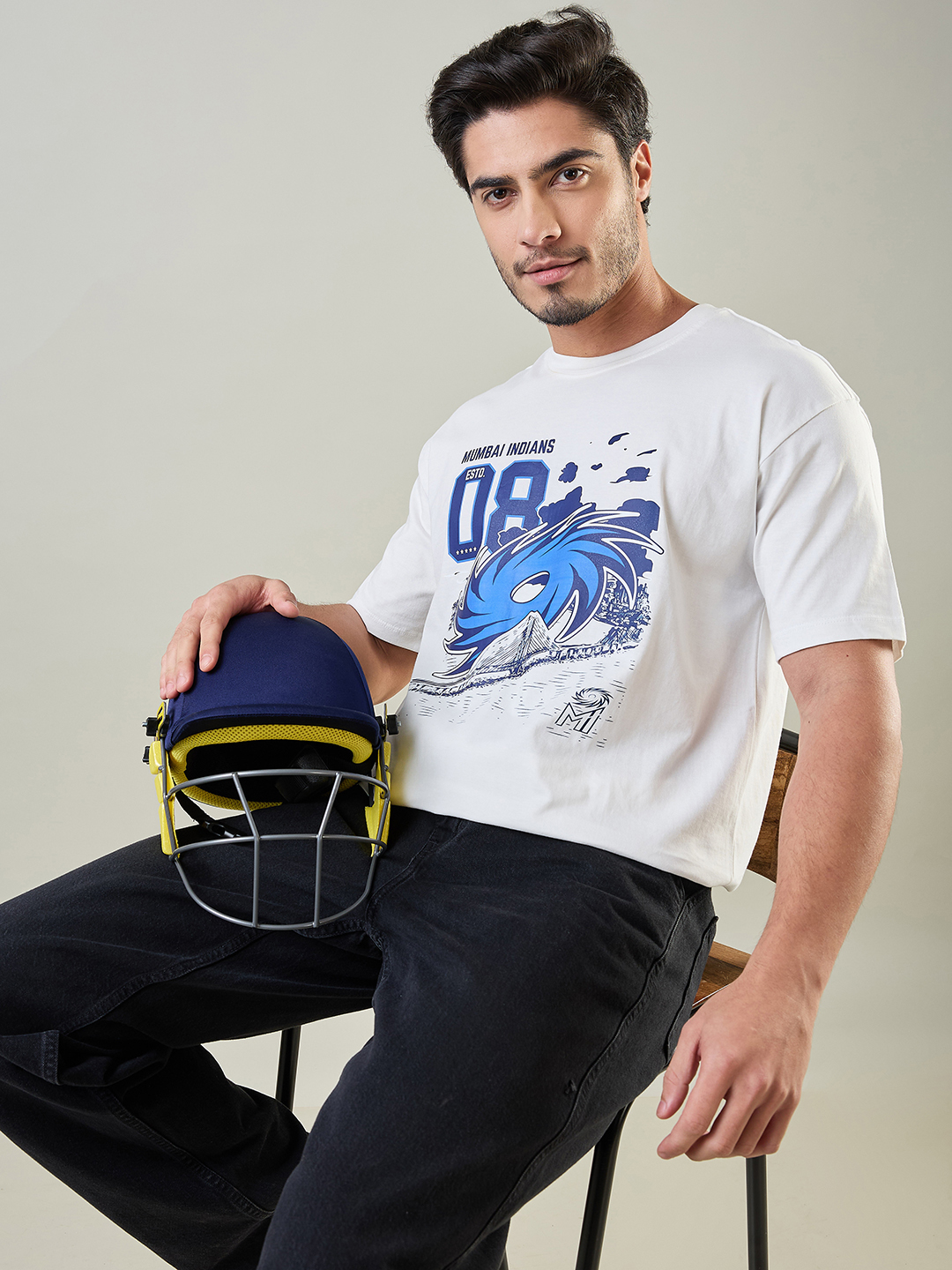 Mumbai Indians Men White and Blue Graphic Printed Half Sleeves Round Neck Cotton Oversized T-Shirt (3)