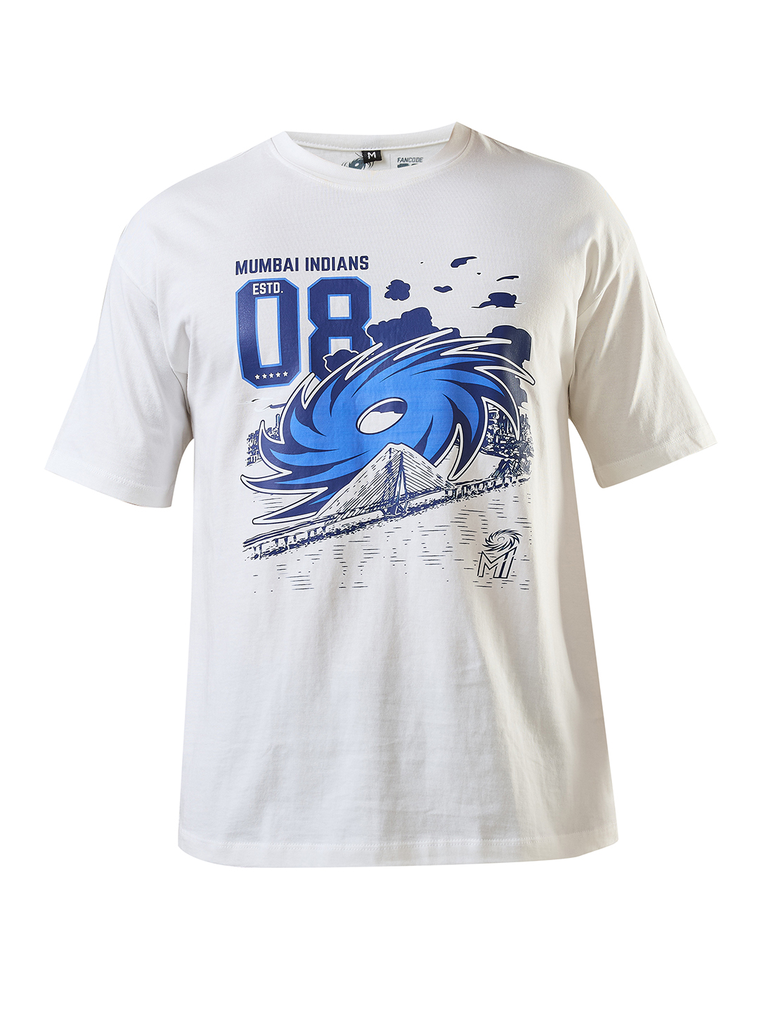 Mumbai Indians Men White and Blue Graphic Printed Half Sleeves Round Neck Cotton Oversized T-Shirt (10)