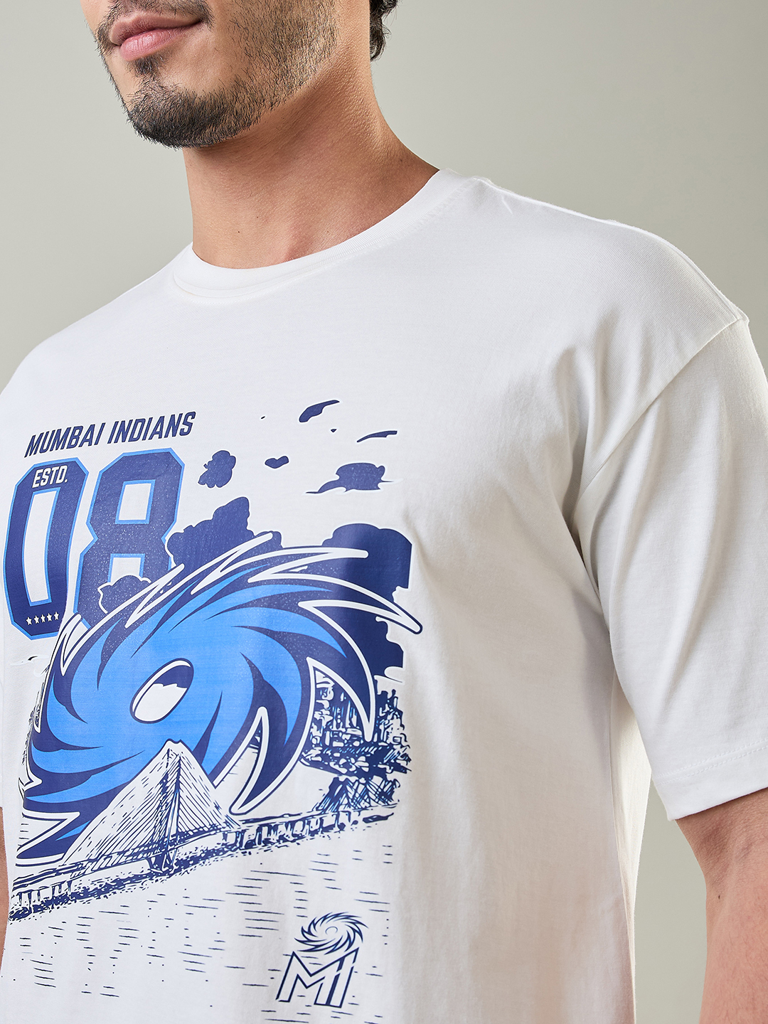 Mumbai Indians Men White and Blue Graphic Printed Half Sleeves Round Neck Cotton Oversized T-Shirt (6)