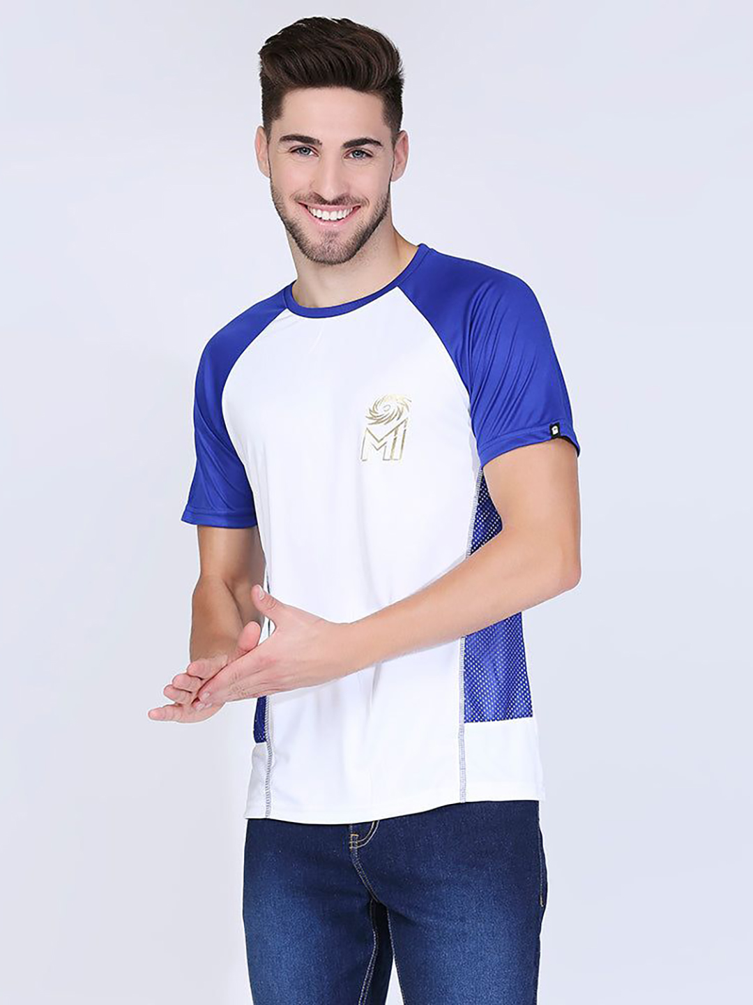 Men White and Blue Printed Half Sleeves Round Neck Polyester T-Shirt