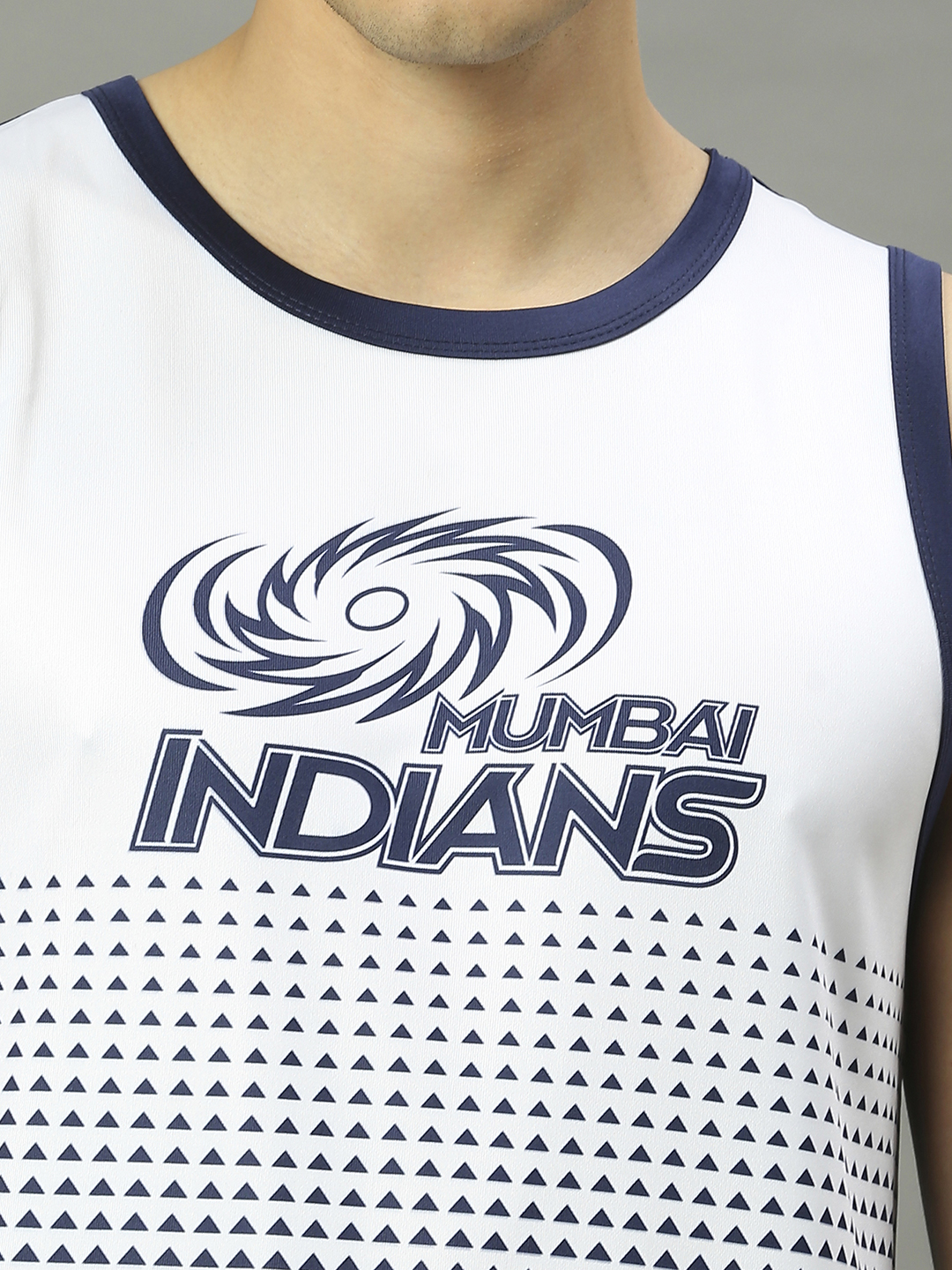 Mumbai Indians Men White and Navy Blue All Over Print Sleeveless Round Neck Sports Vest (5)