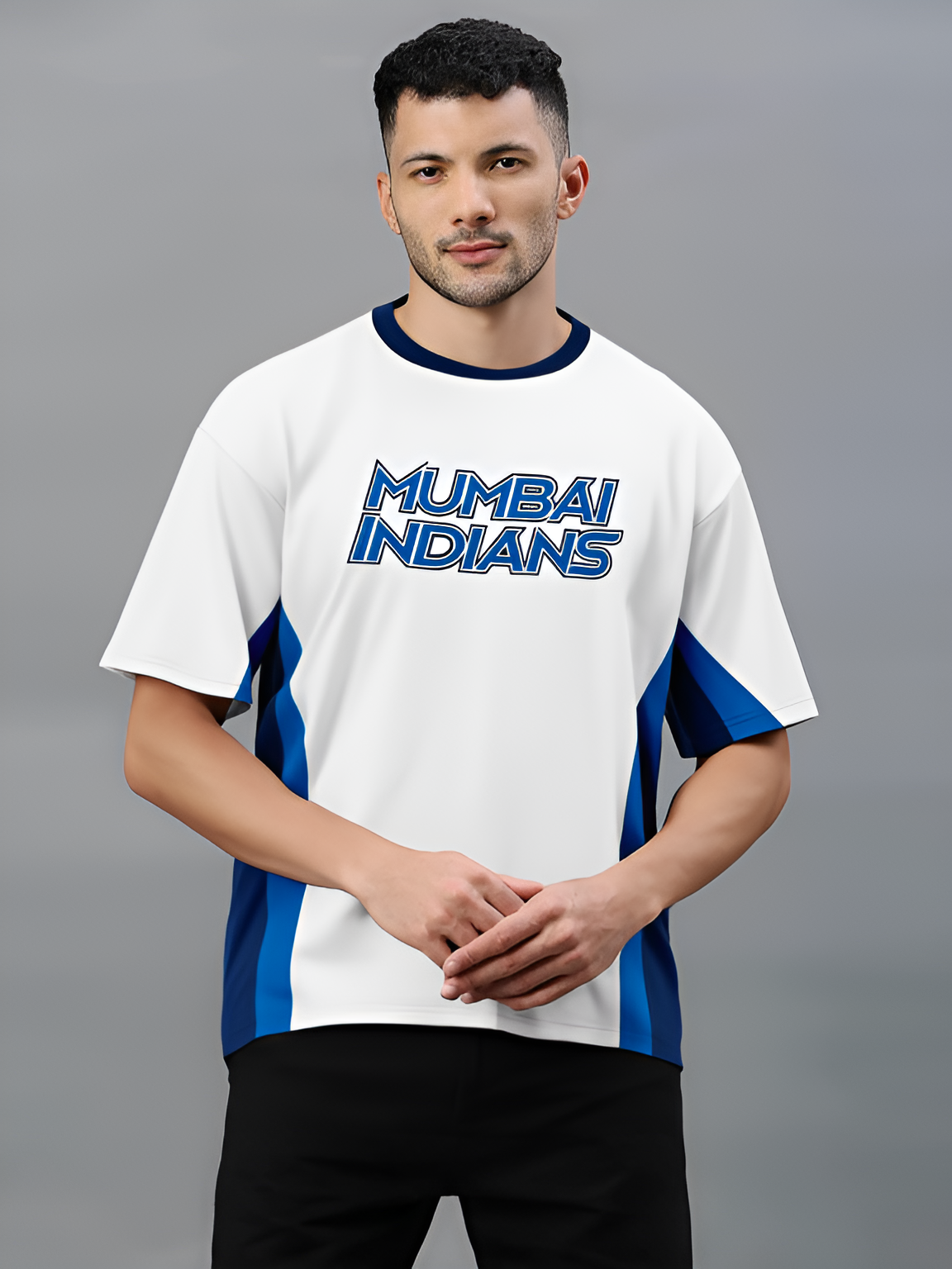 Men White and Navy Blue Colourblocked Half Sleeves Round Neck Cotton T-Shirt