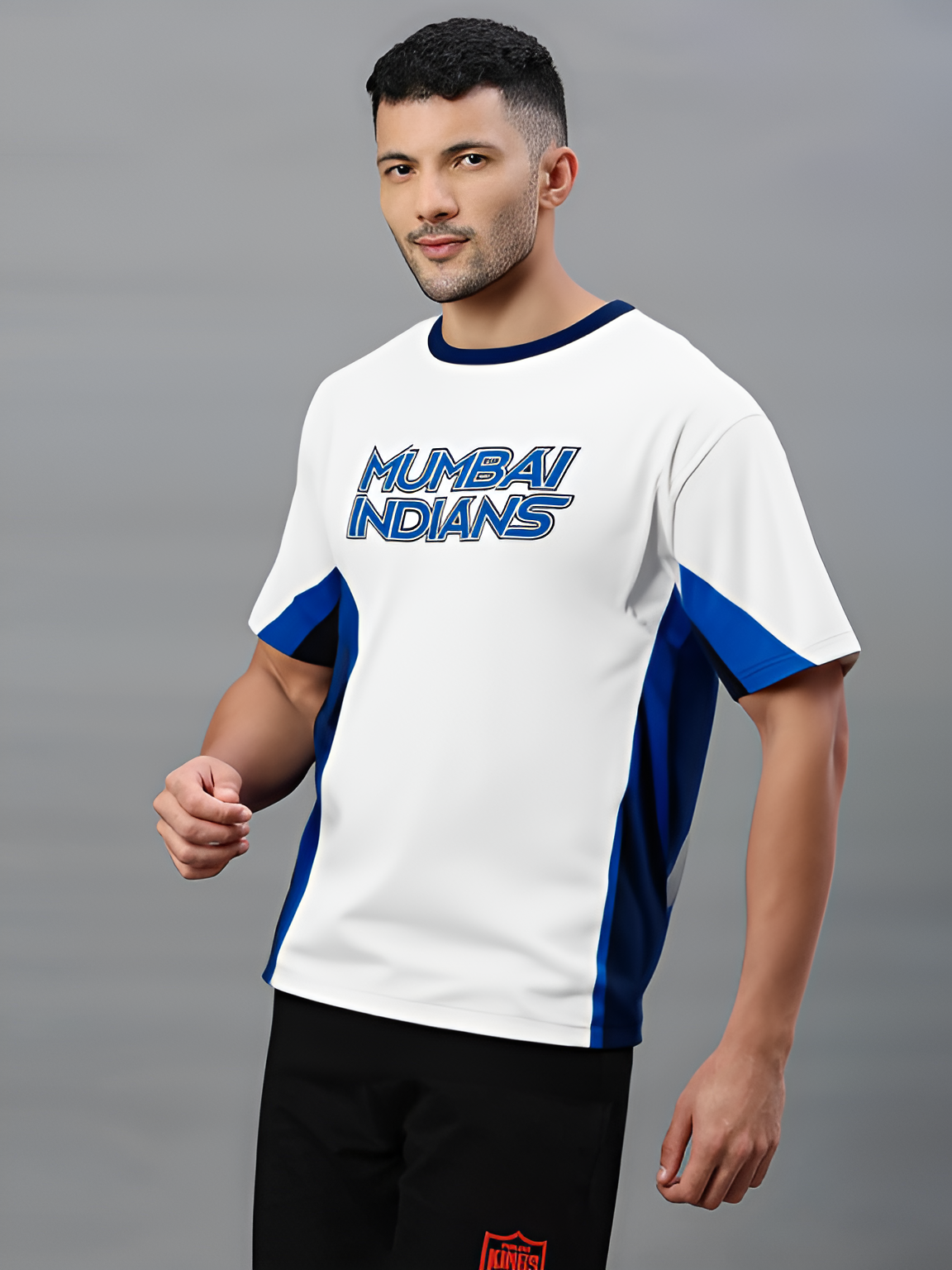 Mumbai Indians Men White and Navy Blue Colourblocked Half Sleeves Round Neck Cotton T-Shirt (2)