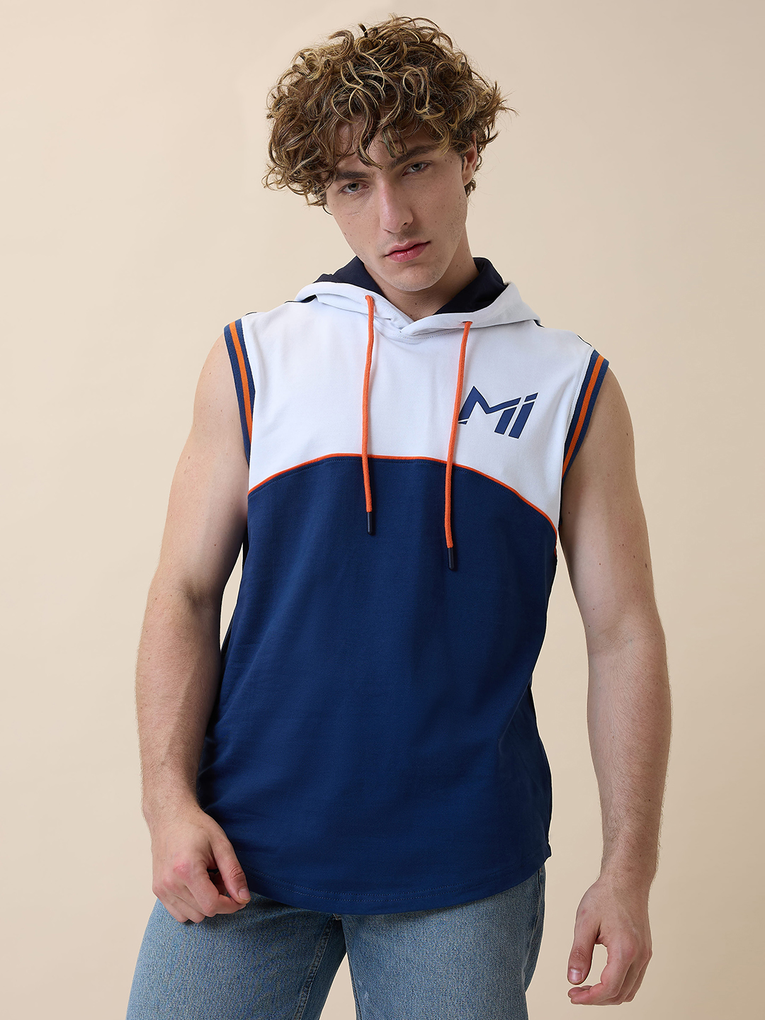 Men White and Navy Blue Colourblocked Sleeveless Hooded T-Shirt