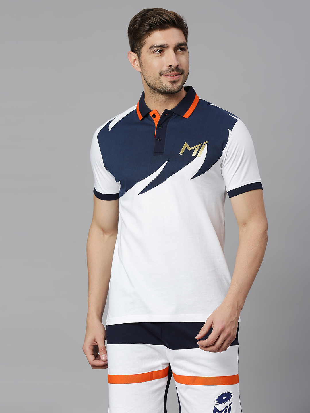 Mumbai Indians Men White and Navy Colourblocked Half Sleeves Polo Collar Cotton T-Shirt (1)