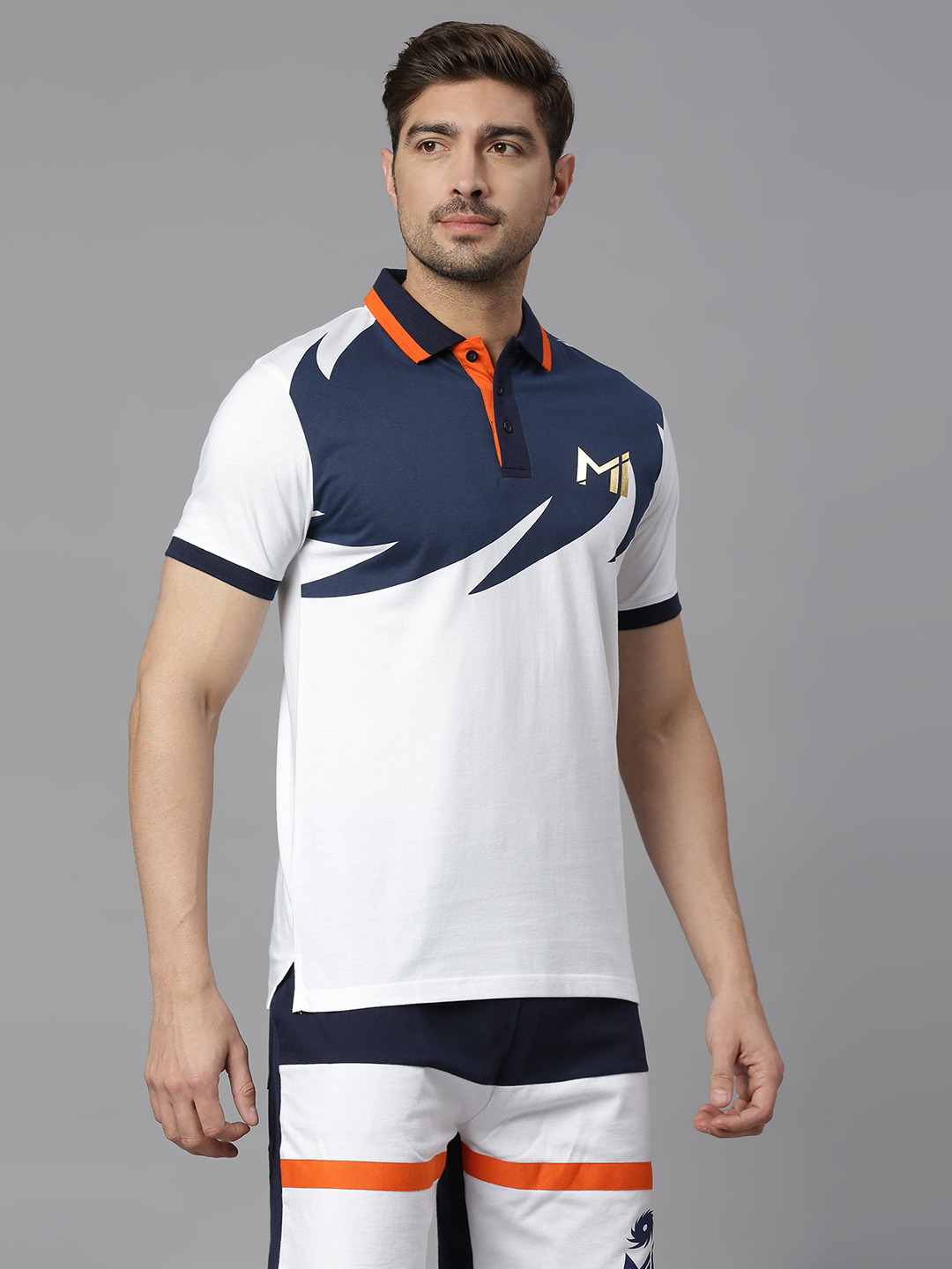 Mumbai Indians Men White and Navy Colourblocked Half Sleeves Polo Collar Cotton T-Shirt (3)