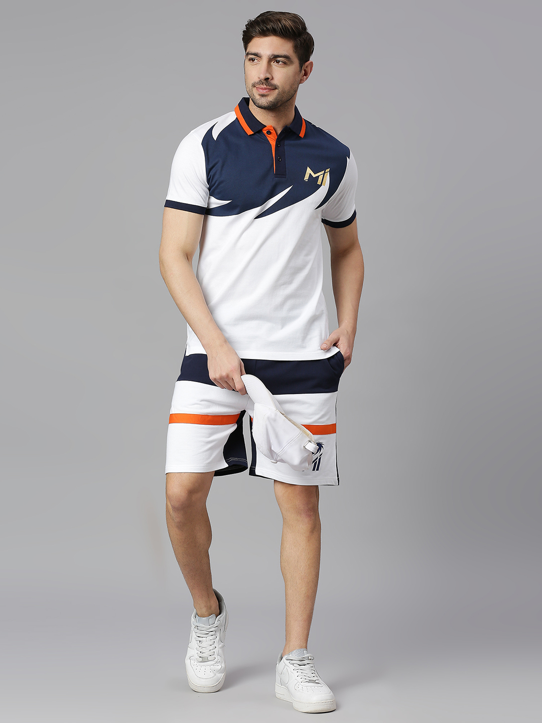 Mumbai Indians Men White and Navy Colourblocked Half Sleeves Polo Collar Cotton T-Shirt (4)