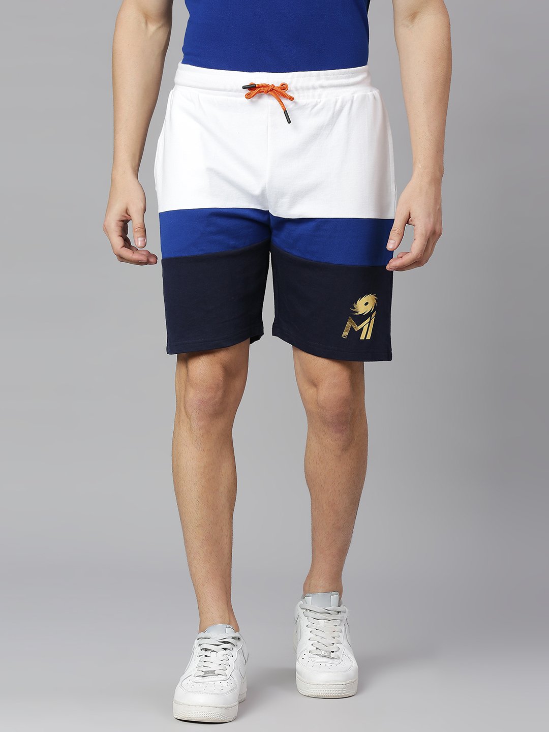 Mumbai Indians Men White, Blue and Black Colourblocked Mid-Rise Cotton Sports Shorts (1)