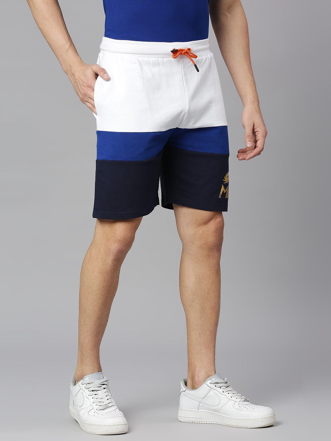Mumbai Indians Men White, Blue and Black Colourblocked Mid-Rise Cotton Sports Shorts (4)