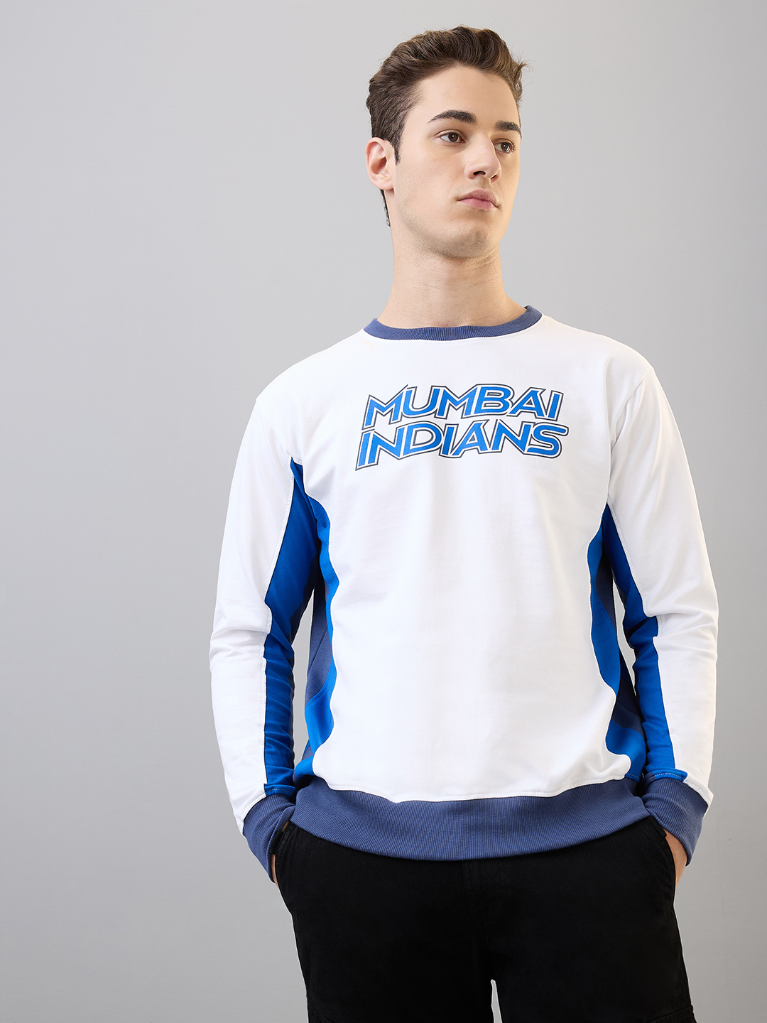 Mumbai Indians Men White Navy Blue Typography Pullover Round Neck Cotton Sweatshirt (1)