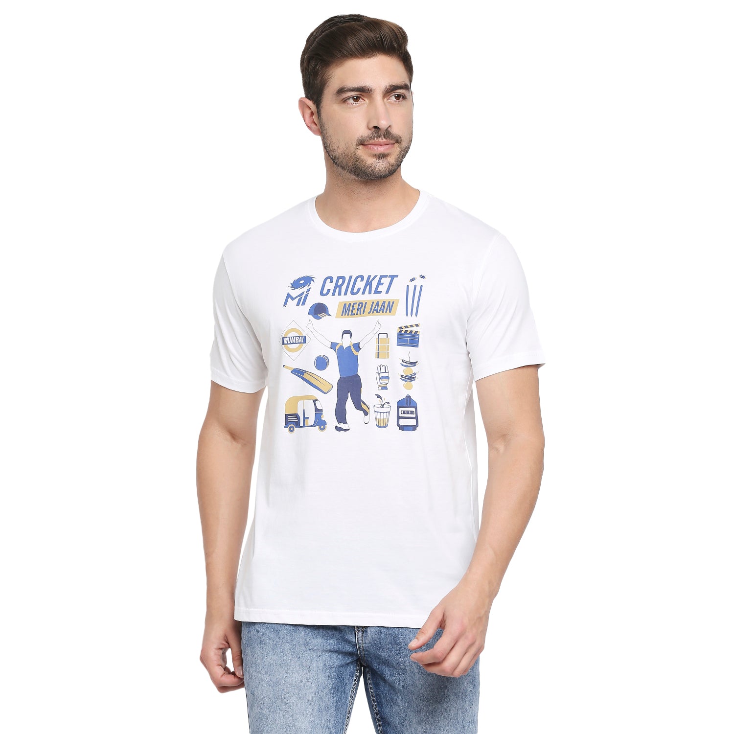 Mumbai Indians Men White Printed Half Sleeves Round Neck Cotton T-Shirt (1)