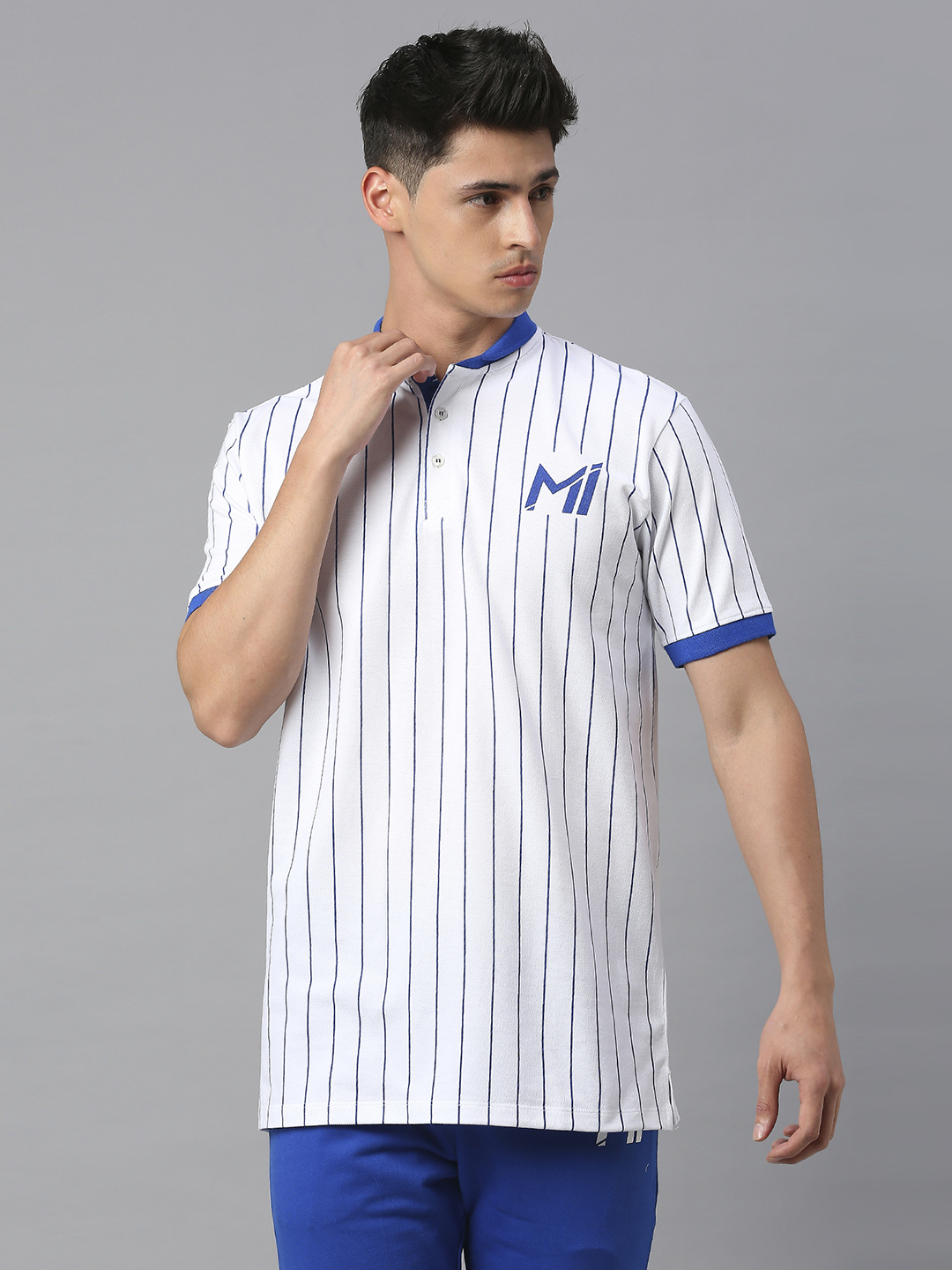 Mumbai Indians Men White Striped Half Sleeves Mandarin Collar Cotton Baseball T-Shirt (1)
