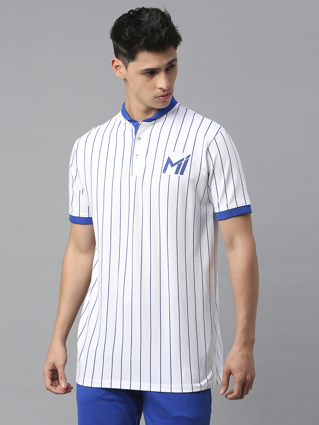 Mumbai Indians Men White Striped Half Sleeves Mandarin Collar Cotton Baseball T-Shirt (2)