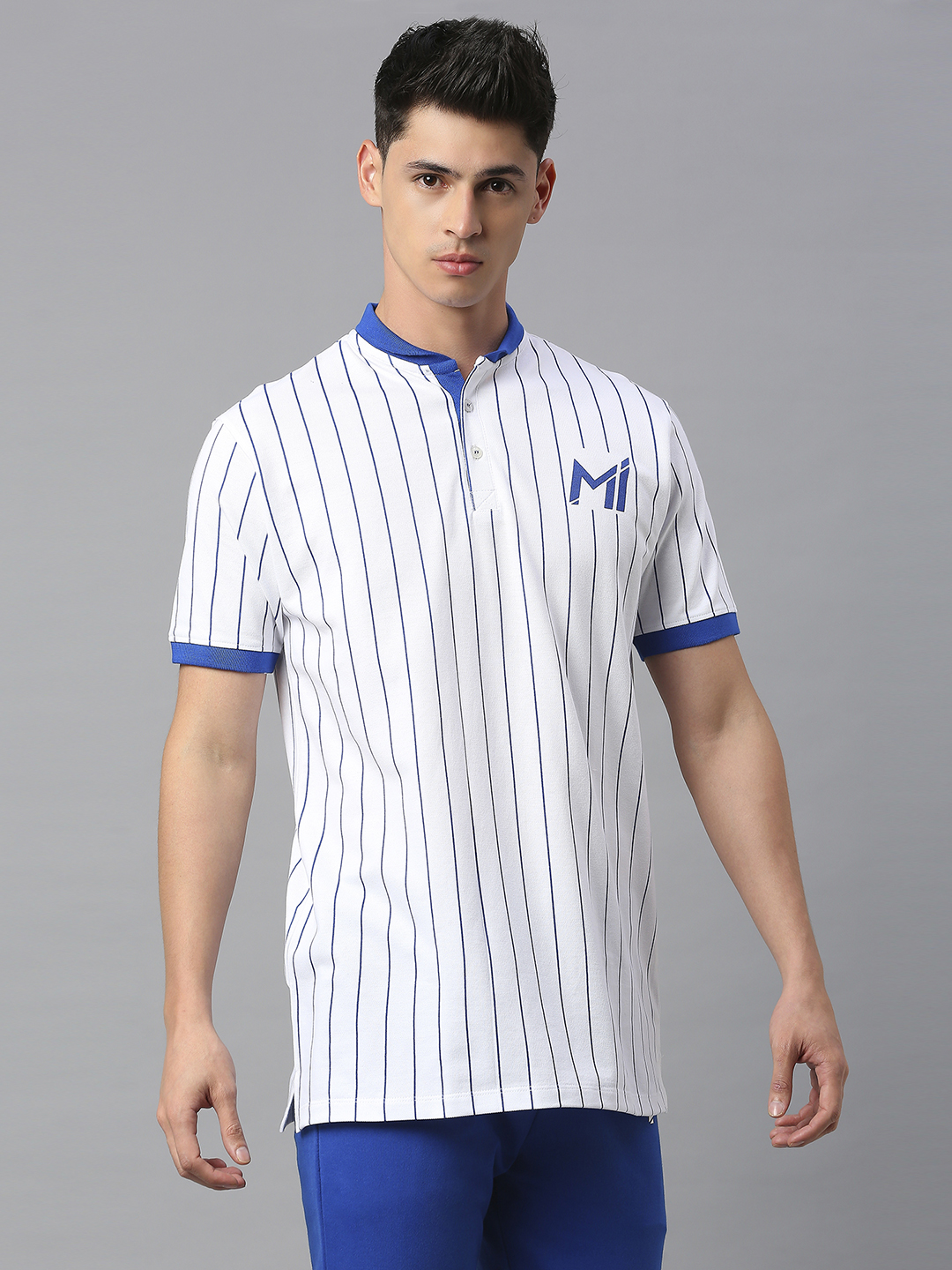 Mumbai Indians Men White Striped Half Sleeves Mandarin Collar Cotton Baseball T-Shirt (3)