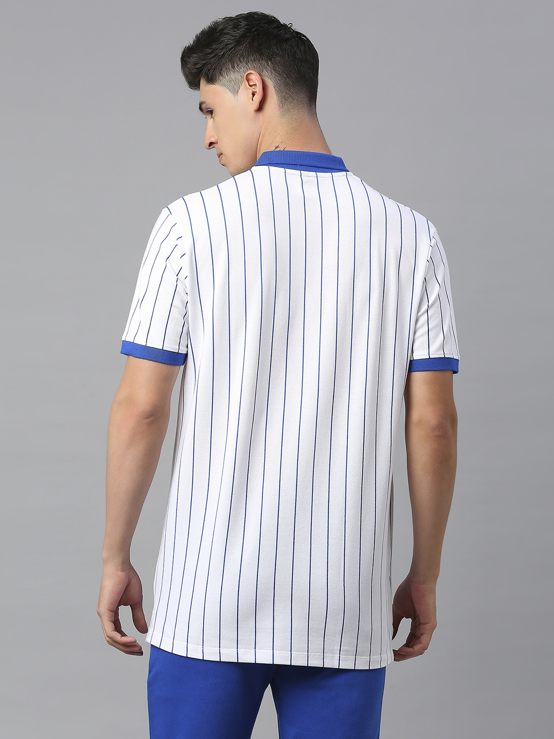 Mumbai Indians Men White Striped Half Sleeves Mandarin Collar Cotton Baseball T-Shirt (4)