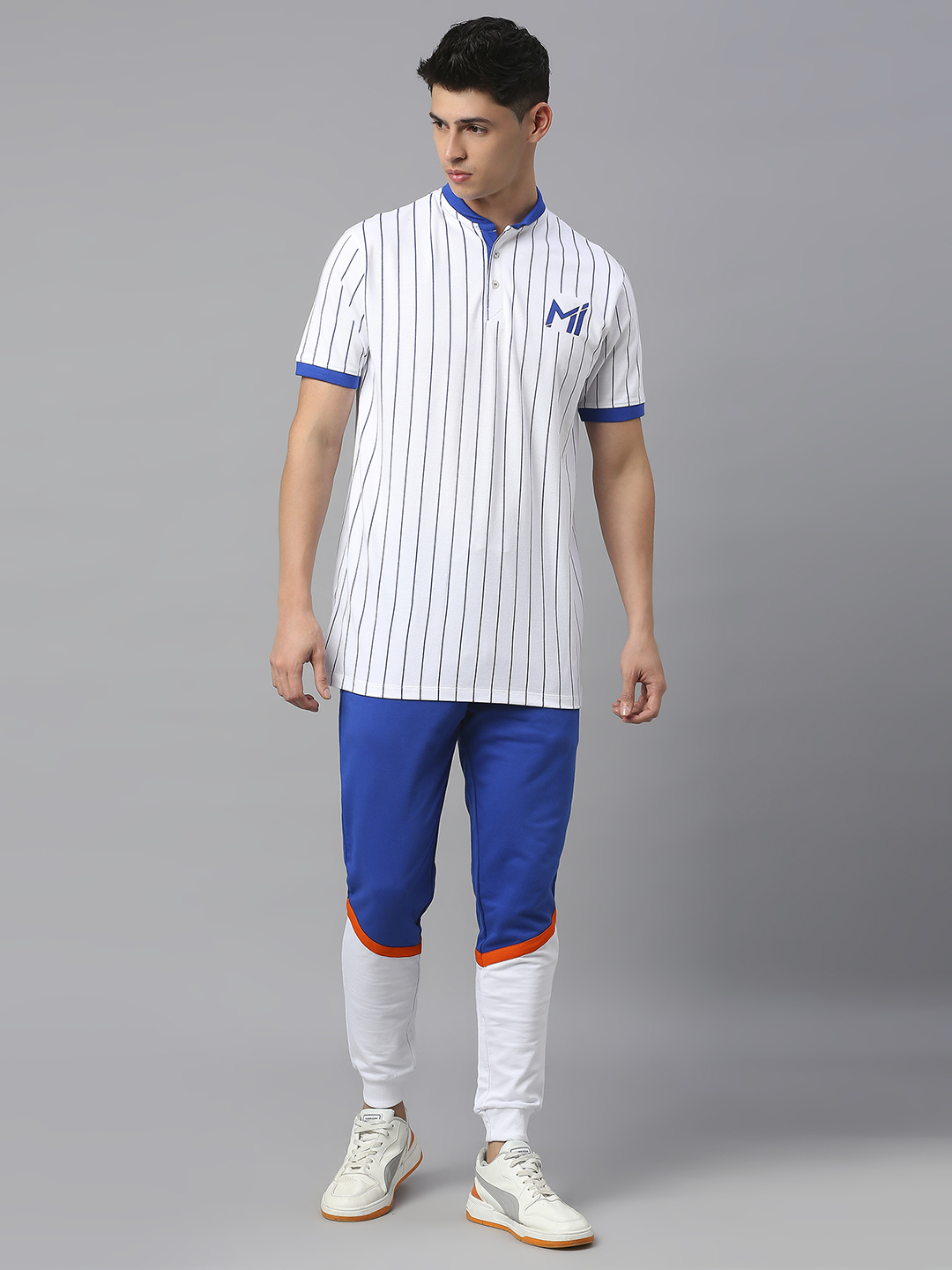 Mumbai Indians Men White Striped Half Sleeves Mandarin Collar Cotton Baseball T-Shirt (5)