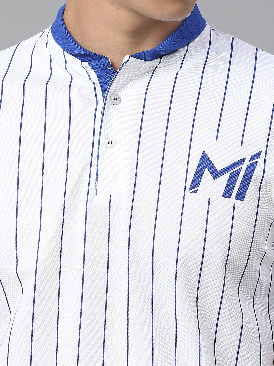 Mumbai Indians Men White Striped Half Sleeves Mandarin Collar Cotton Baseball T-Shirt (6)