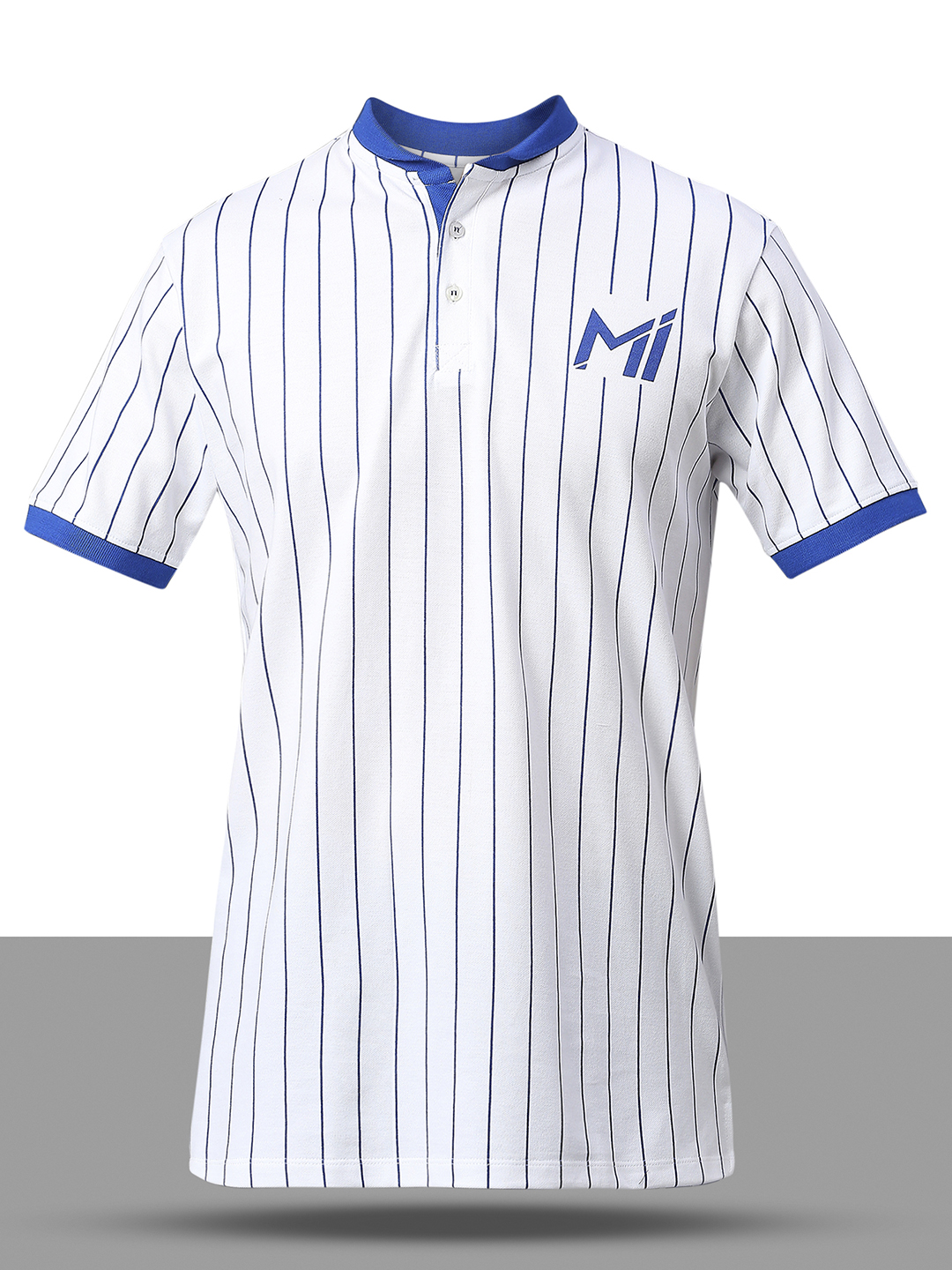 Mumbai Indians Men White Striped Half Sleeves Mandarin Collar Cotton Baseball T-Shirt (7)