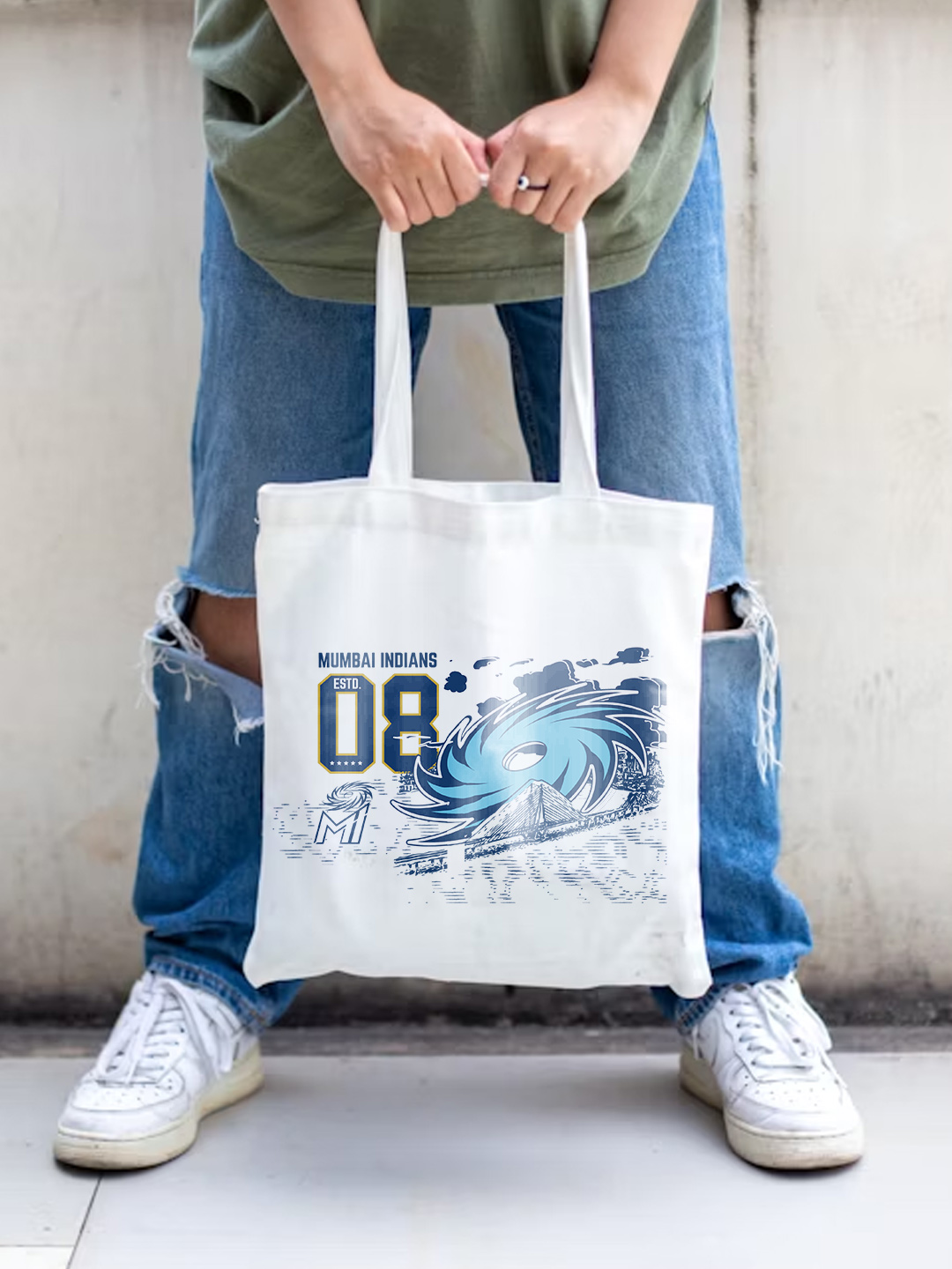 Printed Canvas Casual Tote Bag, Stylish Handbag For Men and Women - Pack of 1 (White/Blue)