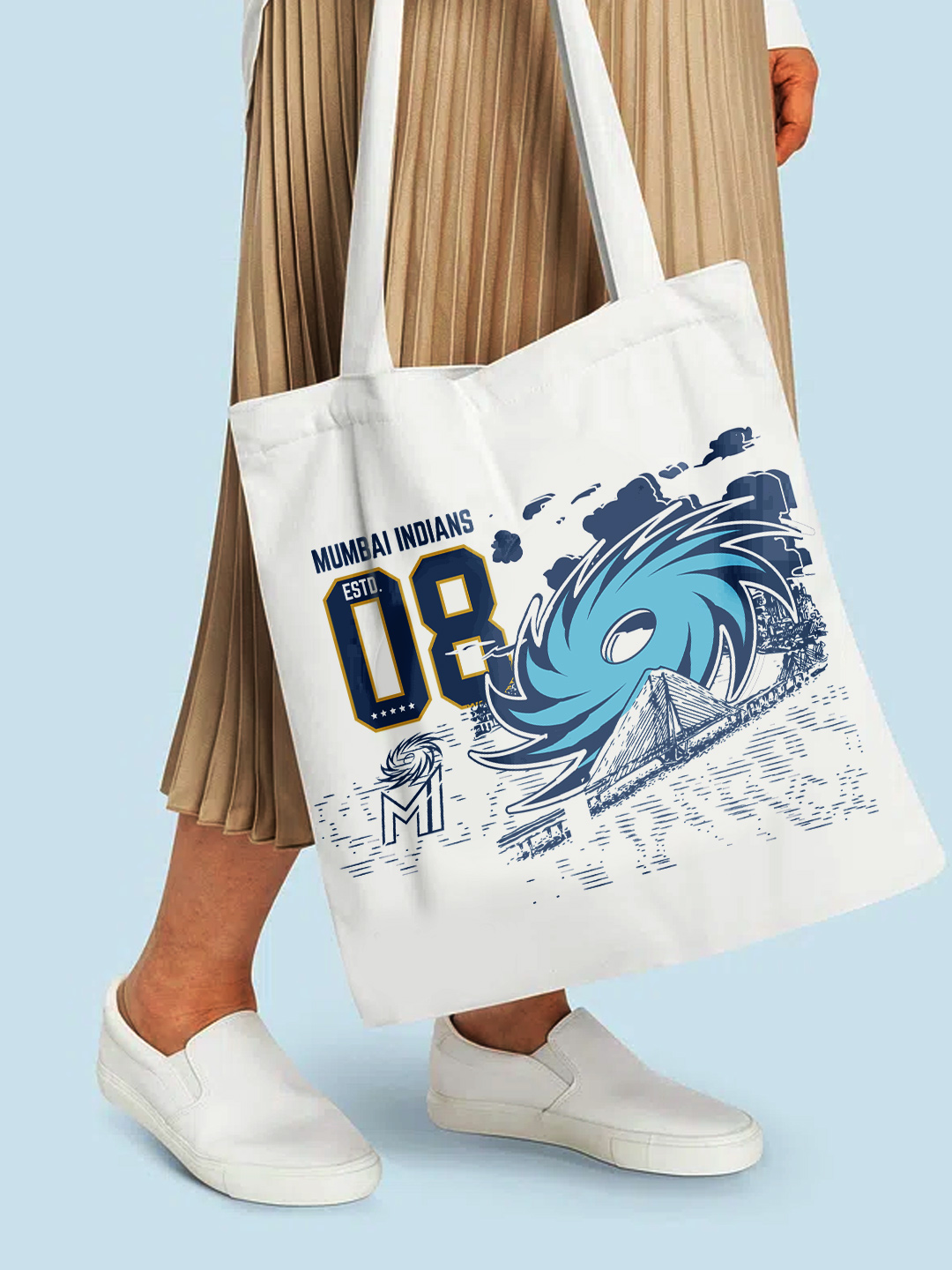Mumbai Indians Printed Canvas Casual Tote Bag, Stylish Handbag For Men and Women - Pack of 1 (White/Blue) (2)